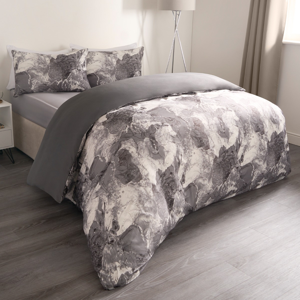 OHS Marble Print Duvet Set - Grey/White>