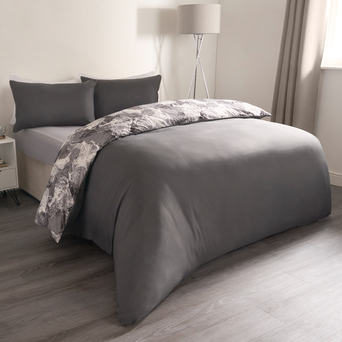 OHS Marble Print Duvet Set - Grey/White>