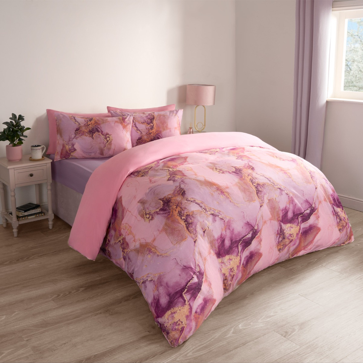 OHS Marble Print Duvet Set, Blush Pink - Single>