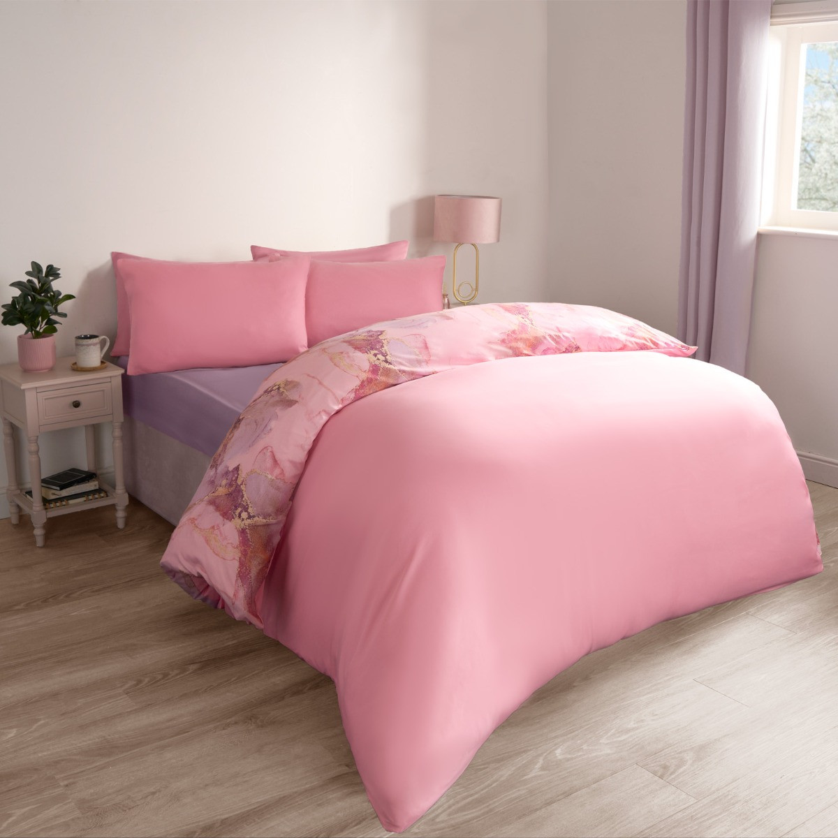 OHS Marble Print Duvet Set, Blush Pink - Single>