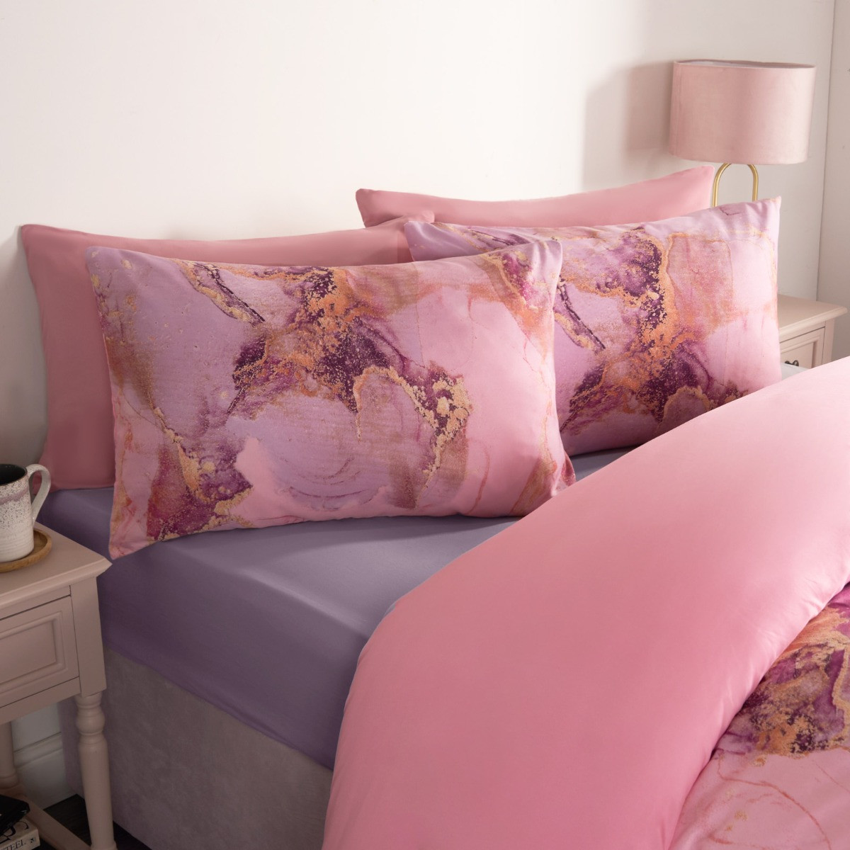 OHS Marble Print Duvet Set, Blush Pink - Single>