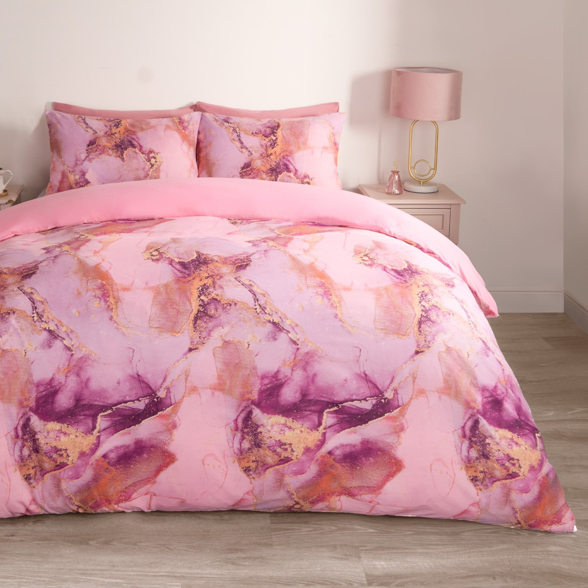 OHS Marble Print Duvet Set, Blush Pink - Single>