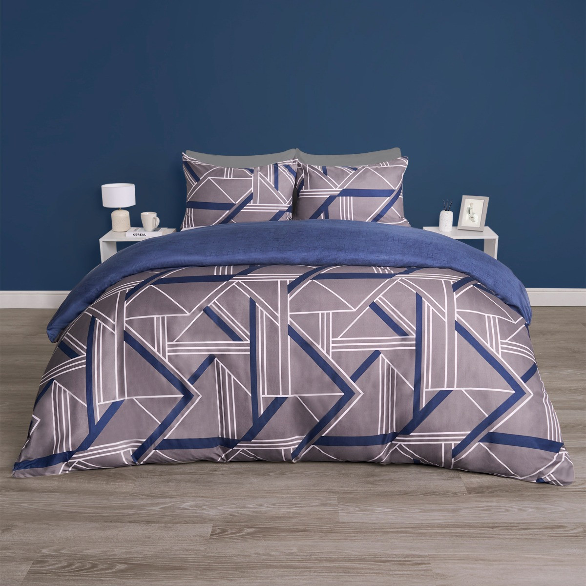 OHS Abstract Geometric Print Reversible Duvet Sets 2 Pack - Navy/Grey>