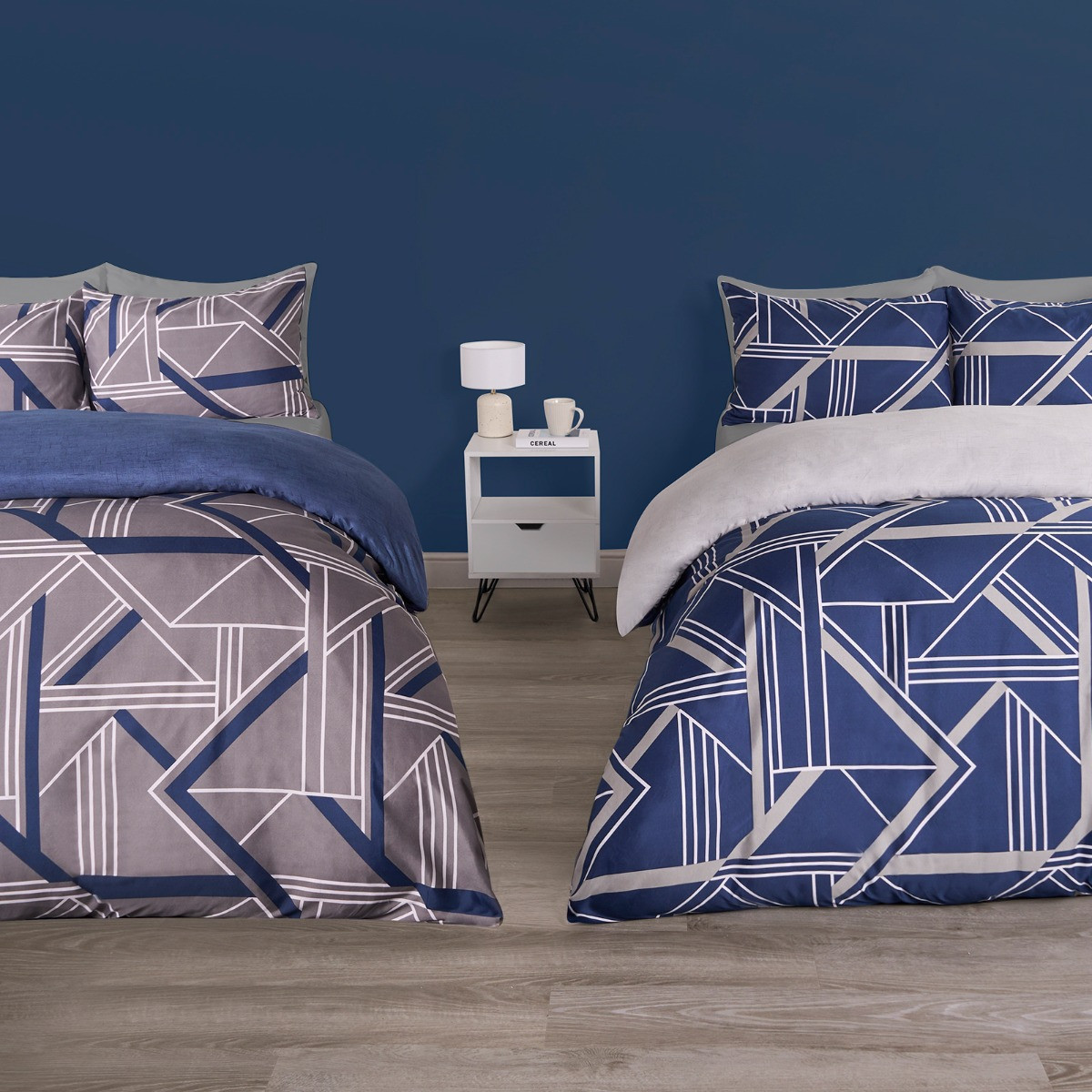 OHS Abstract Geometric Print Reversible Duvet Sets 2 Pack - Navy/Grey>