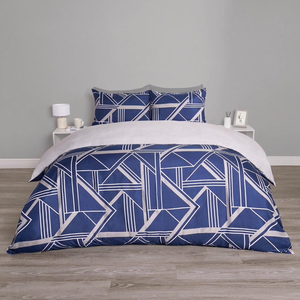 OHS Abstract Geometric Print Reversible Duvet Sets 2 Pack - Navy/Grey>