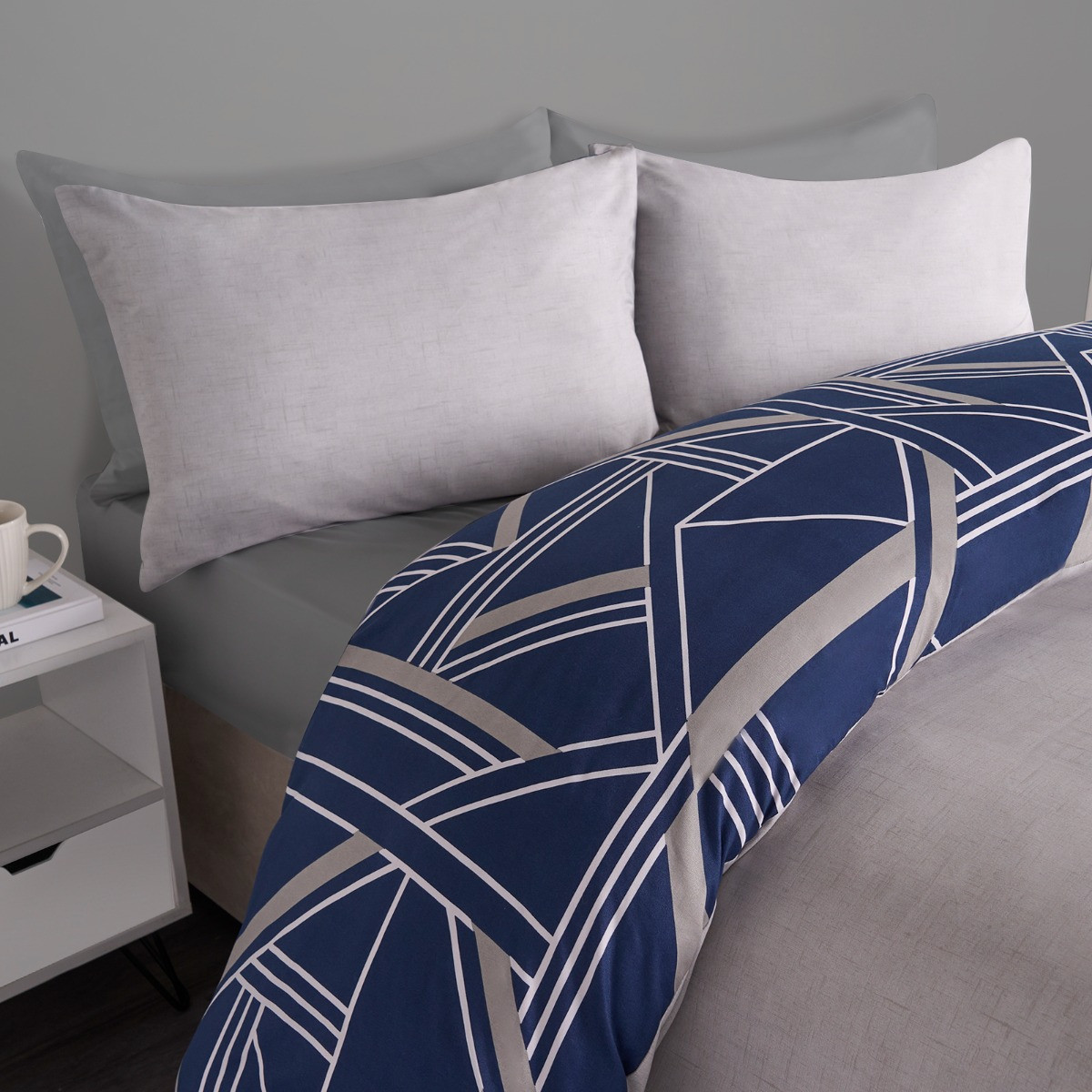 OHS Abstract Geometric Print Reversible Duvet Sets 2 Pack - Navy/Grey>