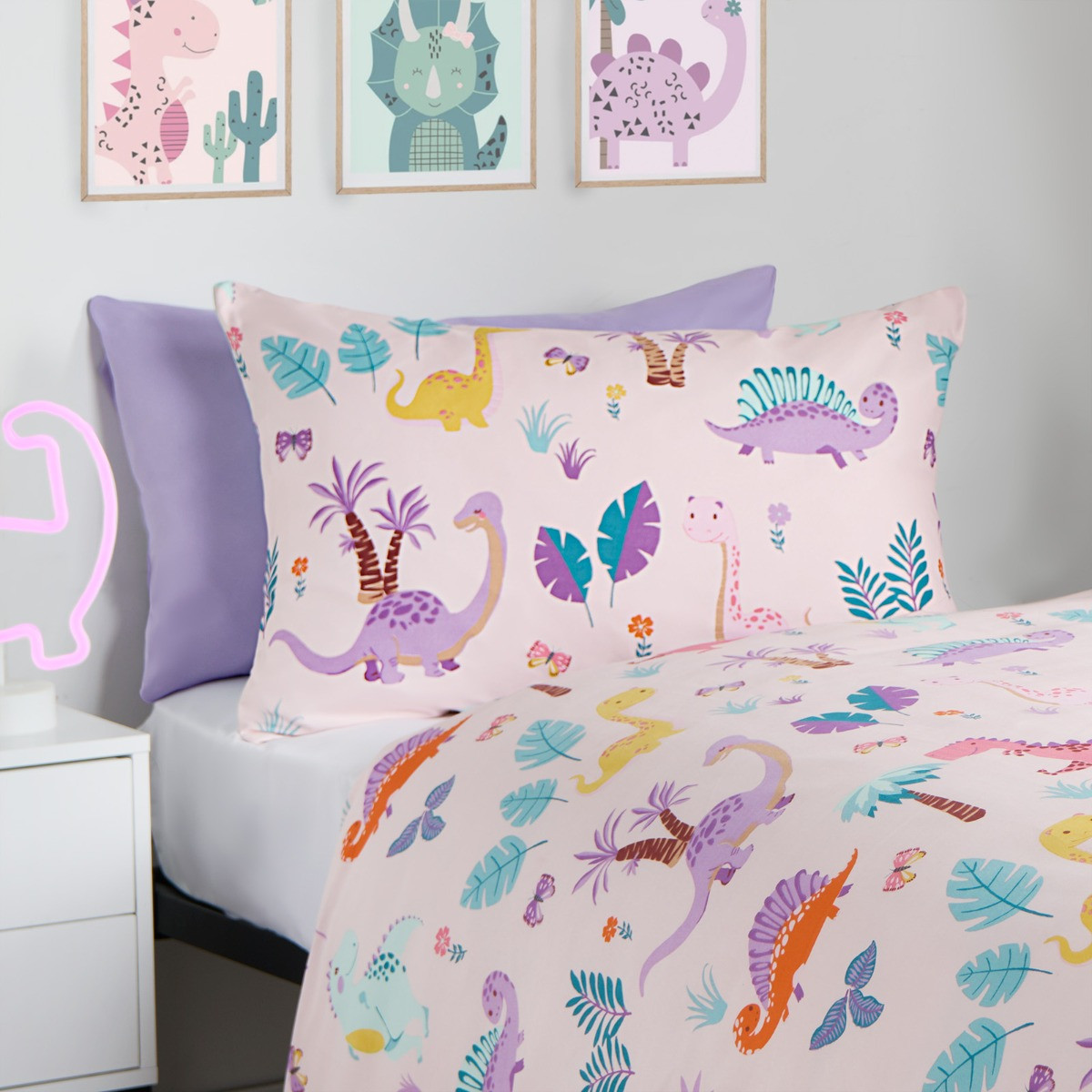 OHS Kids Dinosaur Print Reversible Duvet Cover Set Pink Blue Single