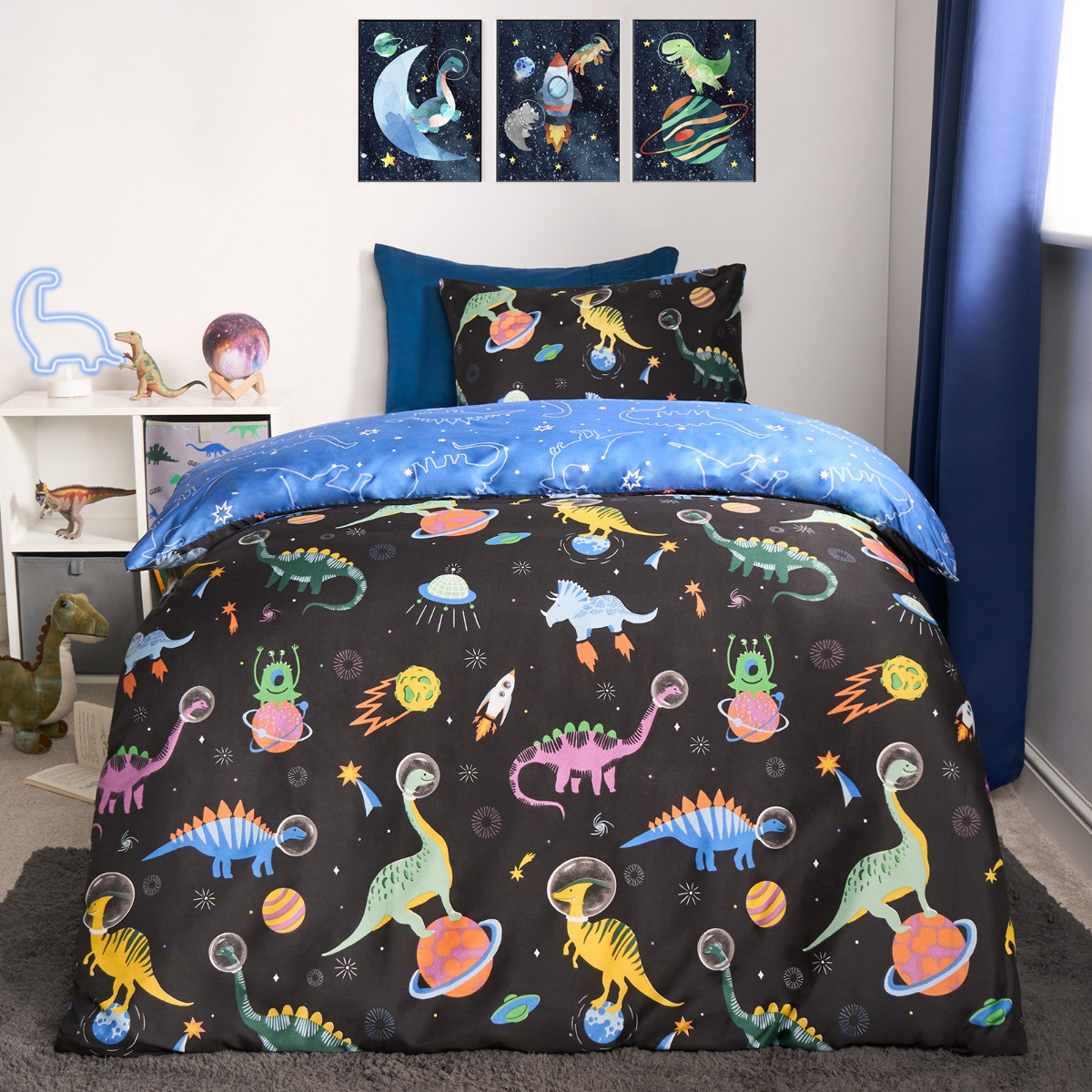 OHS Kids Space Dinosaur Print Reversible Duvet Cover Set Black Blue Junior