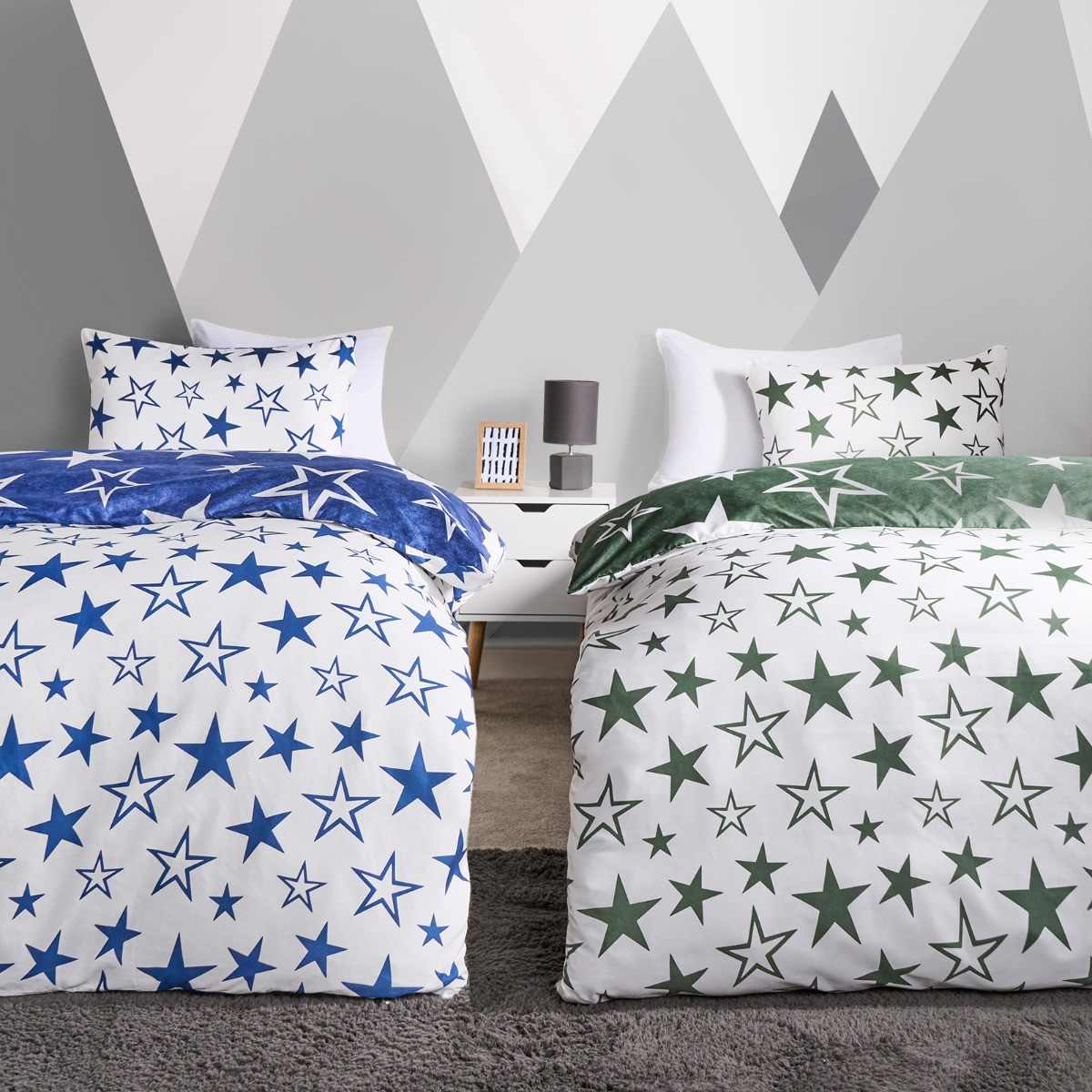 OHS Kids Star Print Reversible Duvet Set Twin Pack - Navy/Green>