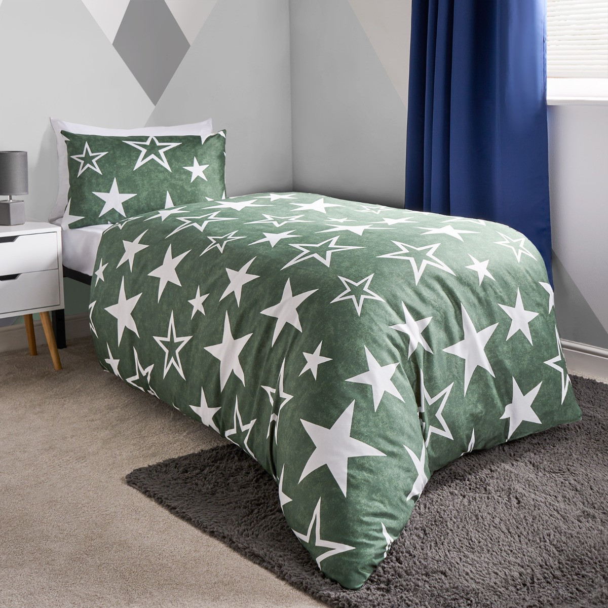 OHS Kids Star Print Reversible Duvet Set Twin Pack - Navy/Green>