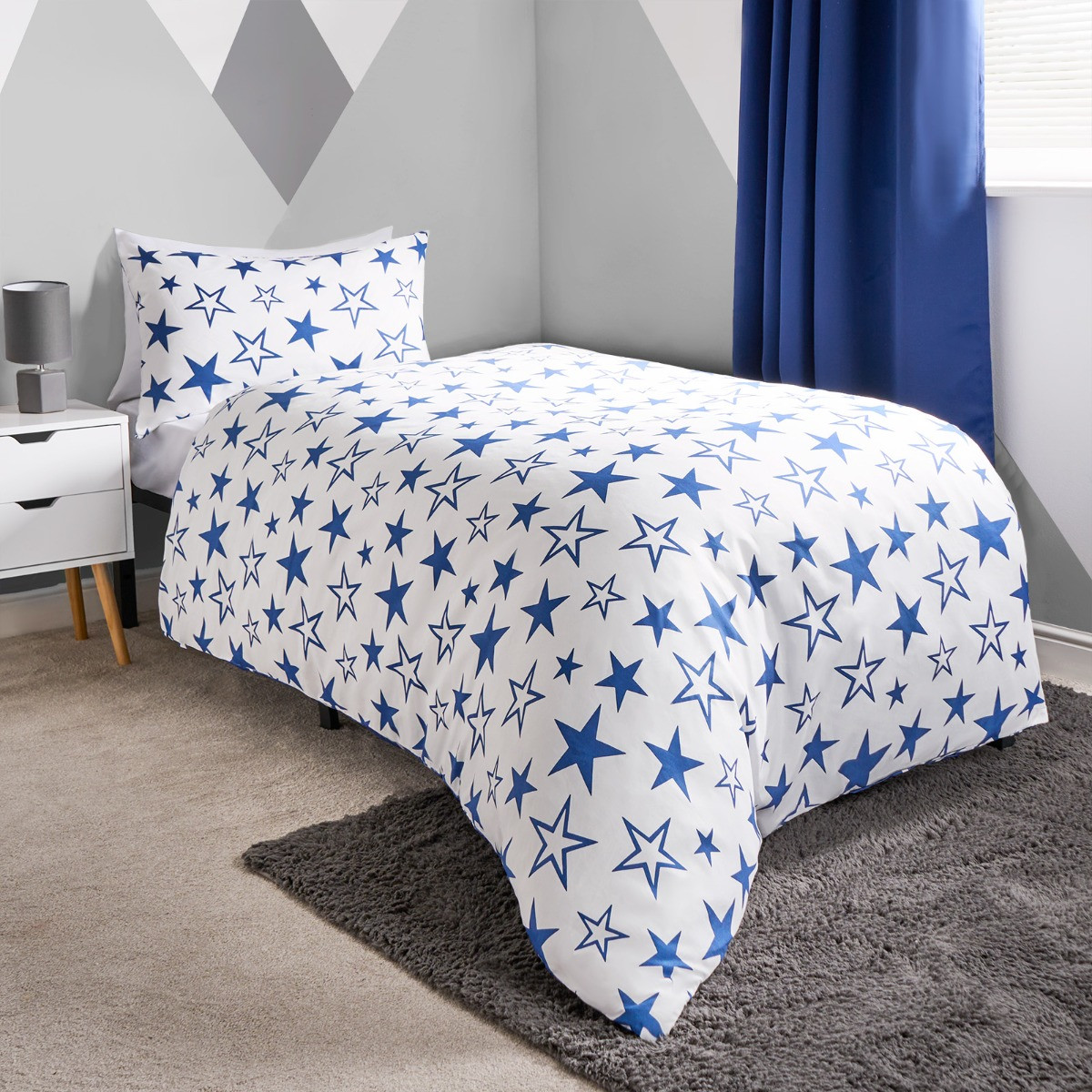 OHS Kids Star Print Reversible Duvet Set Twin Pack - Navy/Green>