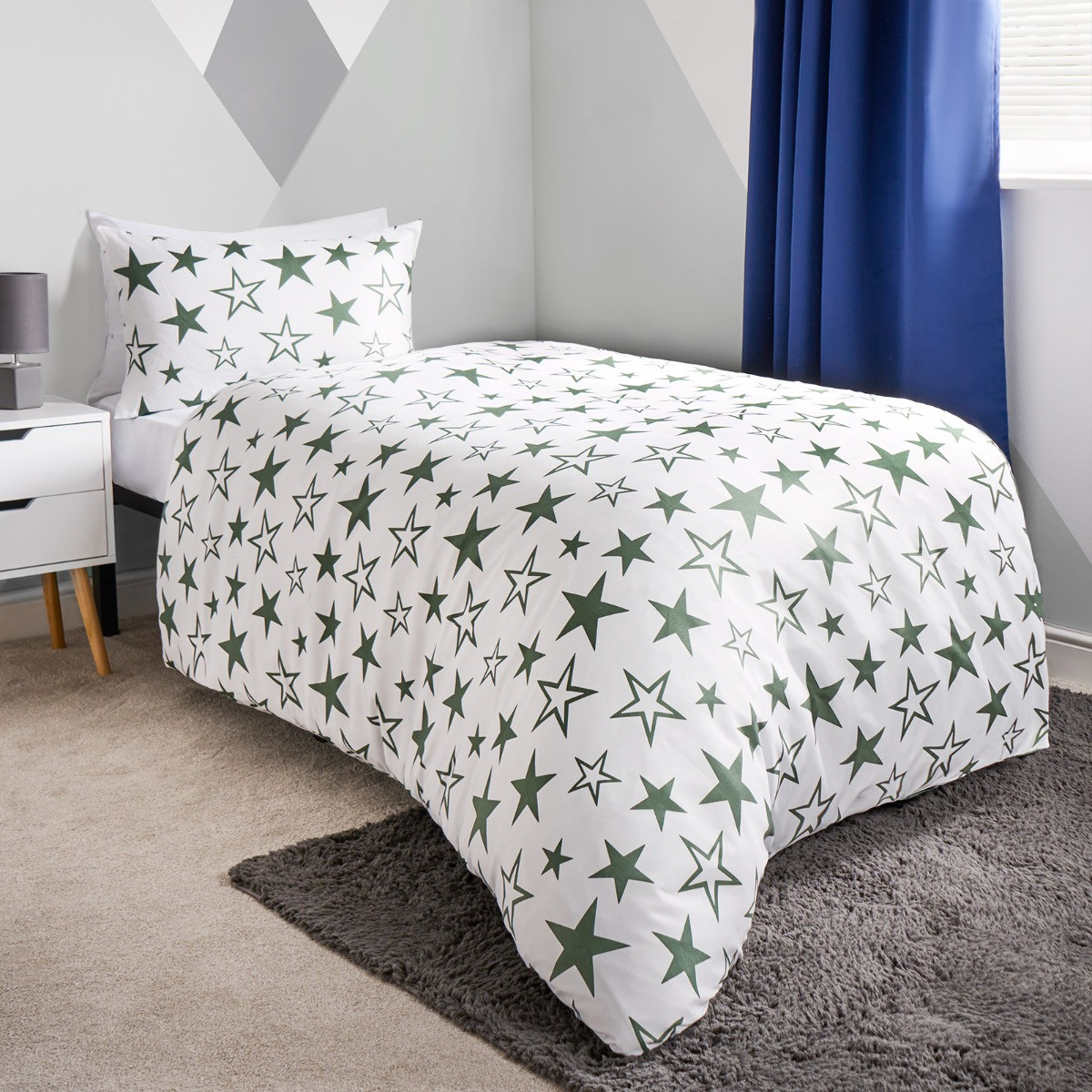 OHS Kids Star Print Reversible Duvet Set Twin Pack - Navy/Green>