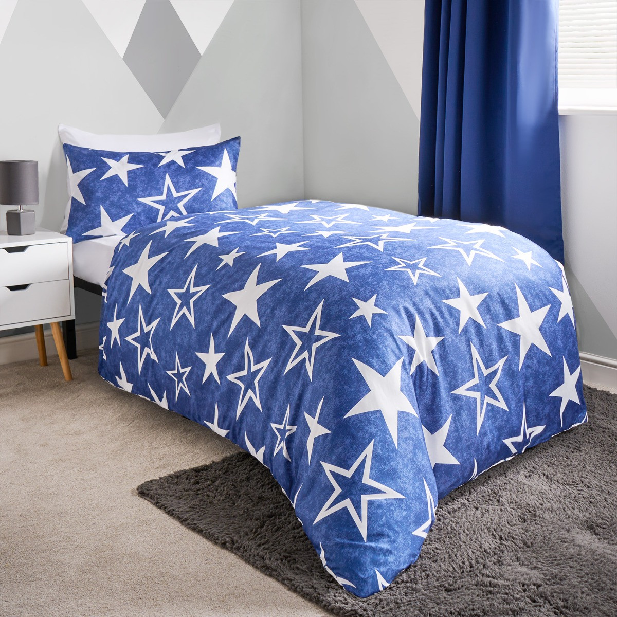 OHS Kids Star Print Reversible Duvet Set Twin Pack - Navy/Green>