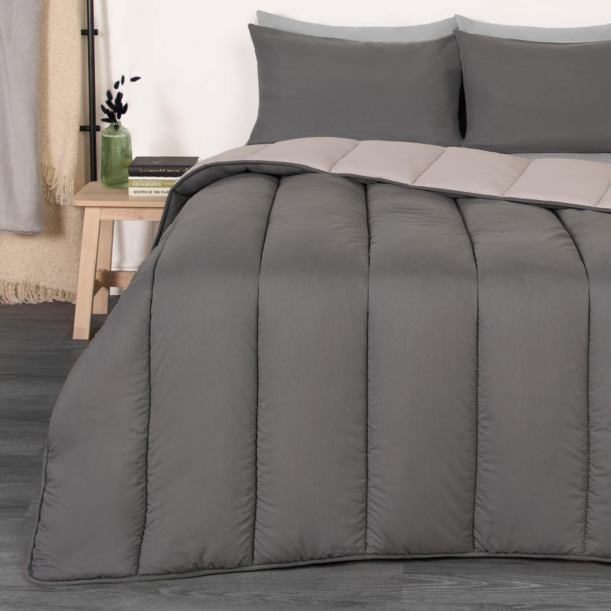 OHS Coverless 10.5 Tog Reversible Duvet & Pillowcase, Silver/Grey - Single>
