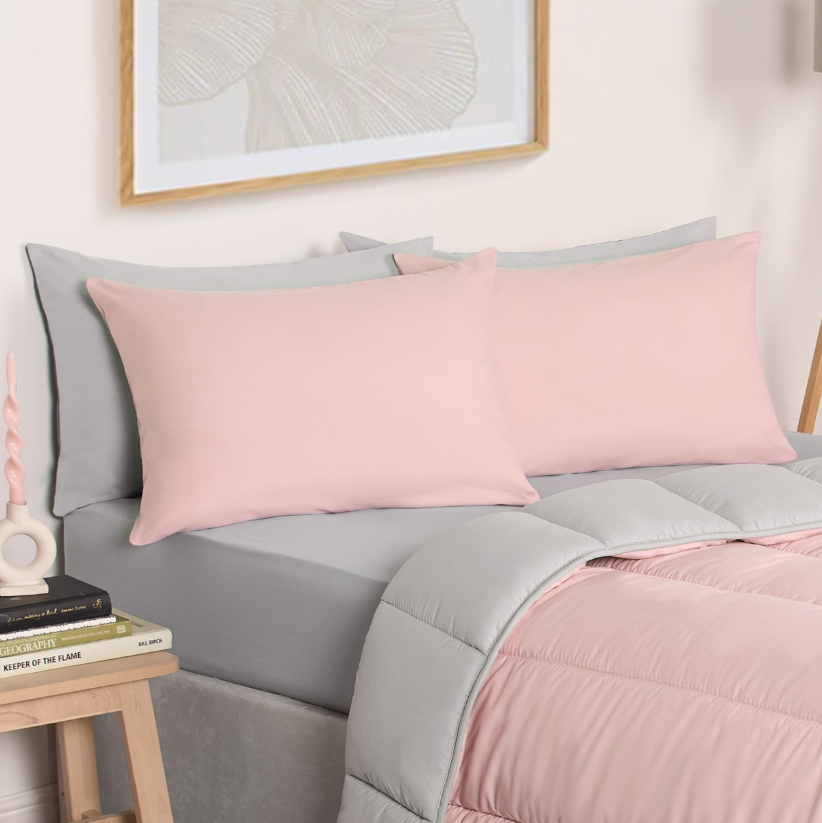 OHS Coverless 10.5 Tog Reversible Duvet & Pillowcase - Blush/Grey>