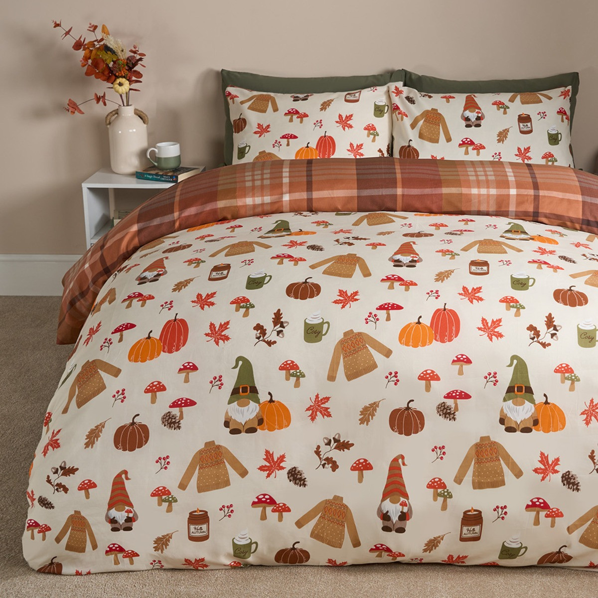 OHS Autumnal Novelty Checked Reversible Duvet Cover Set - Cream/Rust>