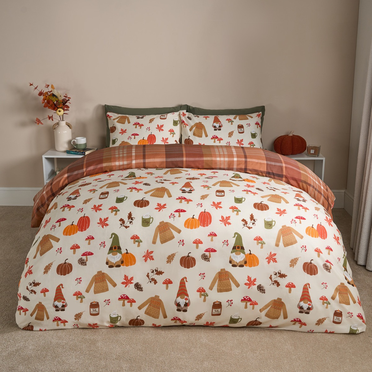 OHS Autumnal Novelty Checked Reversible Duvet Cover Set - Cream/Rust>