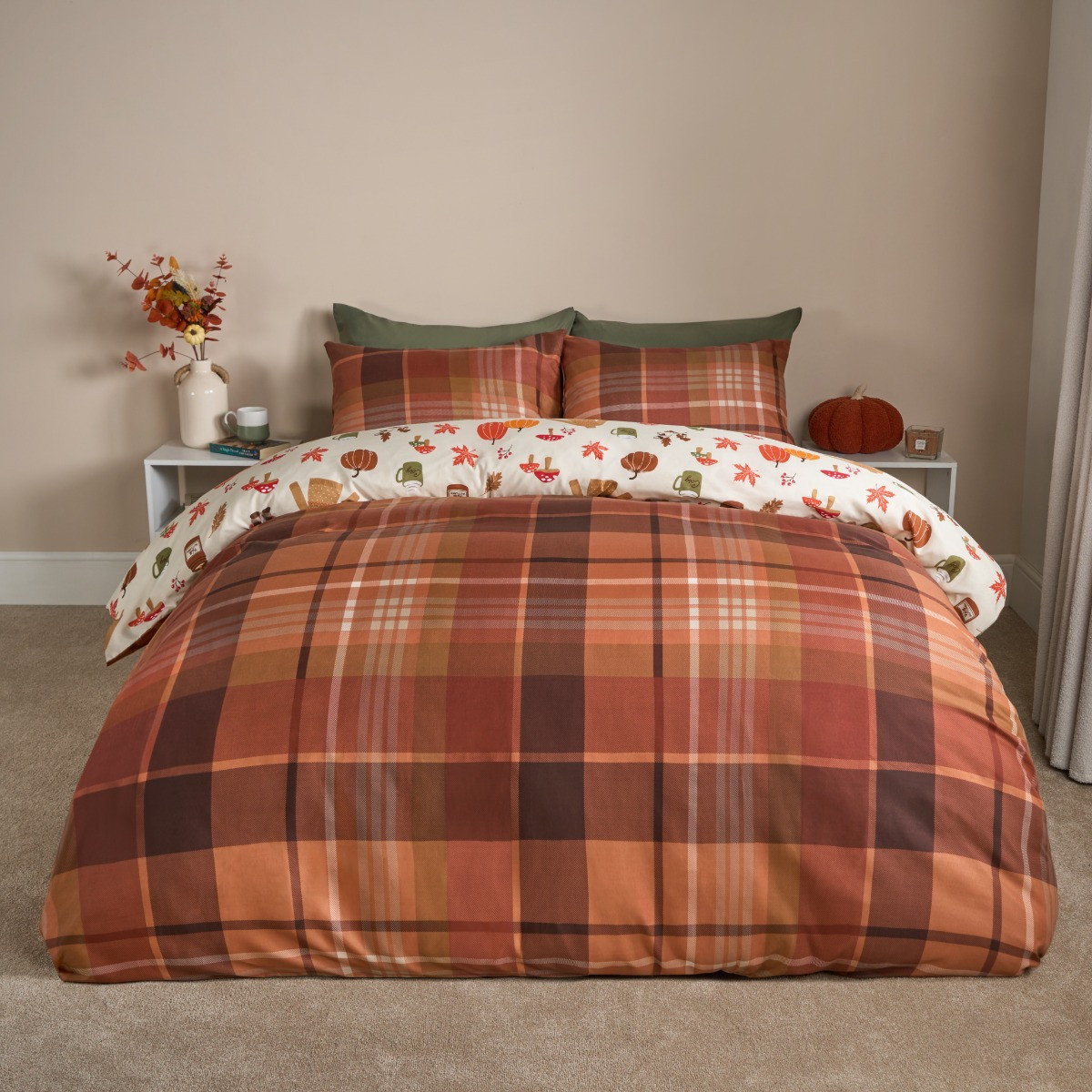 OHS Autumnal Novelty Checked Reversible Duvet Cover Set - Cream/Rust>