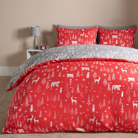 OHS Scandi Christmas Reversible Duvet Set - Red/Grey>