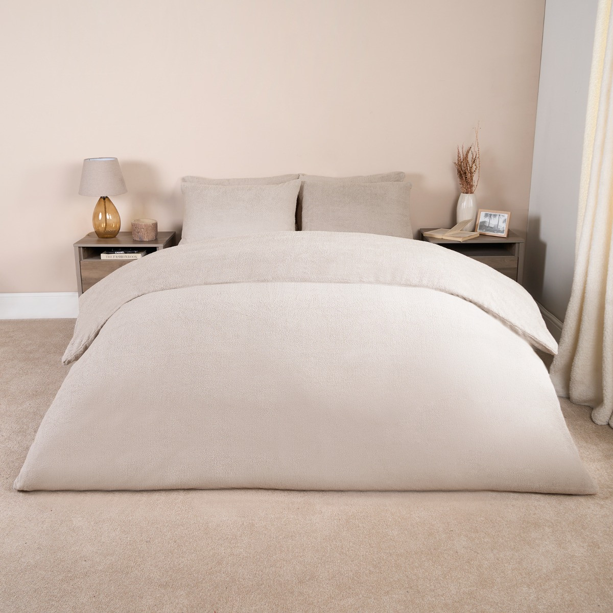 Brentfords Teddy Fleece Duvet Cover Set, Latte Beige - Single>