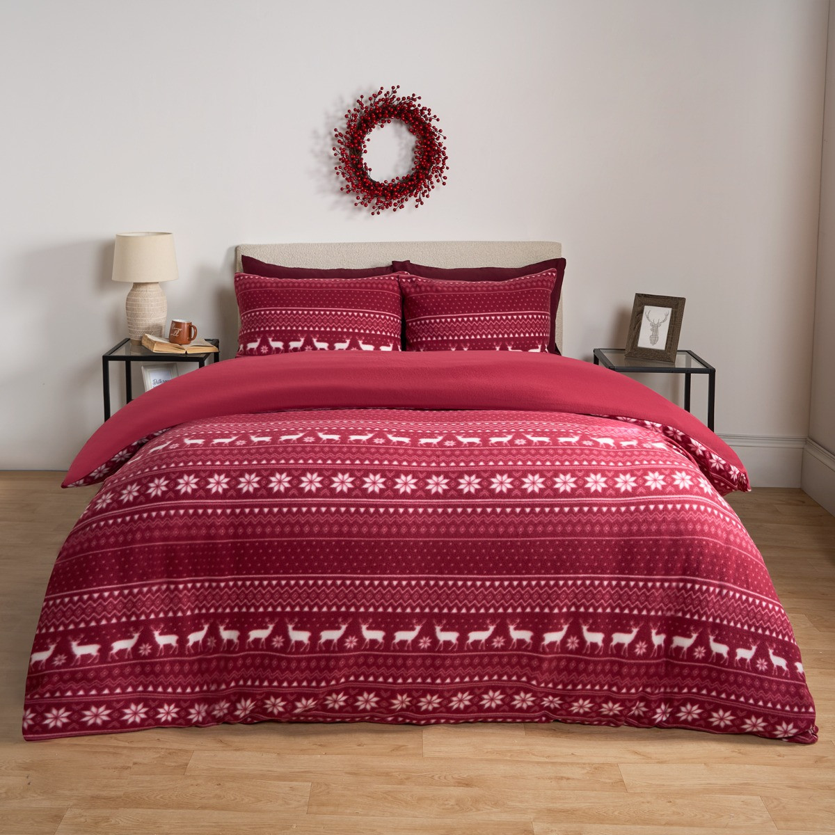 OHS Nordic Christmas Fleece Duvet Set - Burgundy >