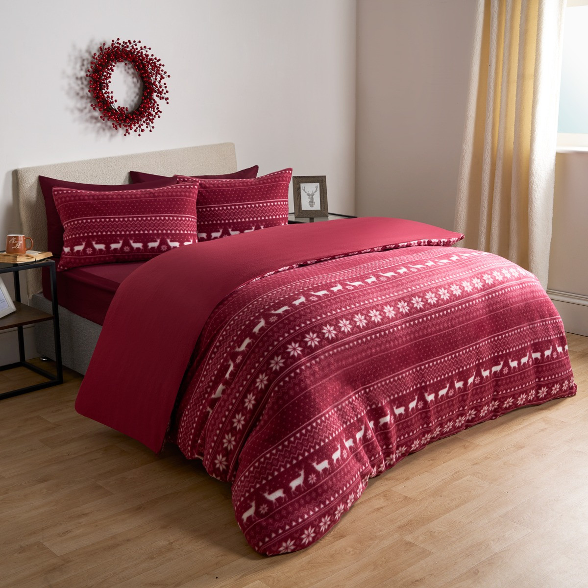 OHS Nordic Christmas Fleece Duvet Set - Burgundy >