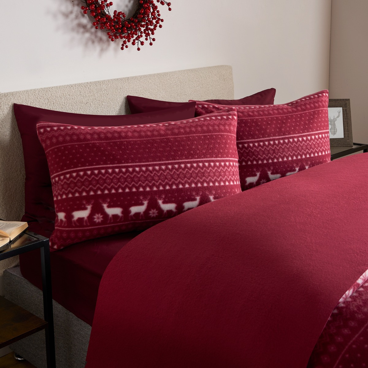 OHS Nordic Christmas Fleece Duvet Set - Burgundy >