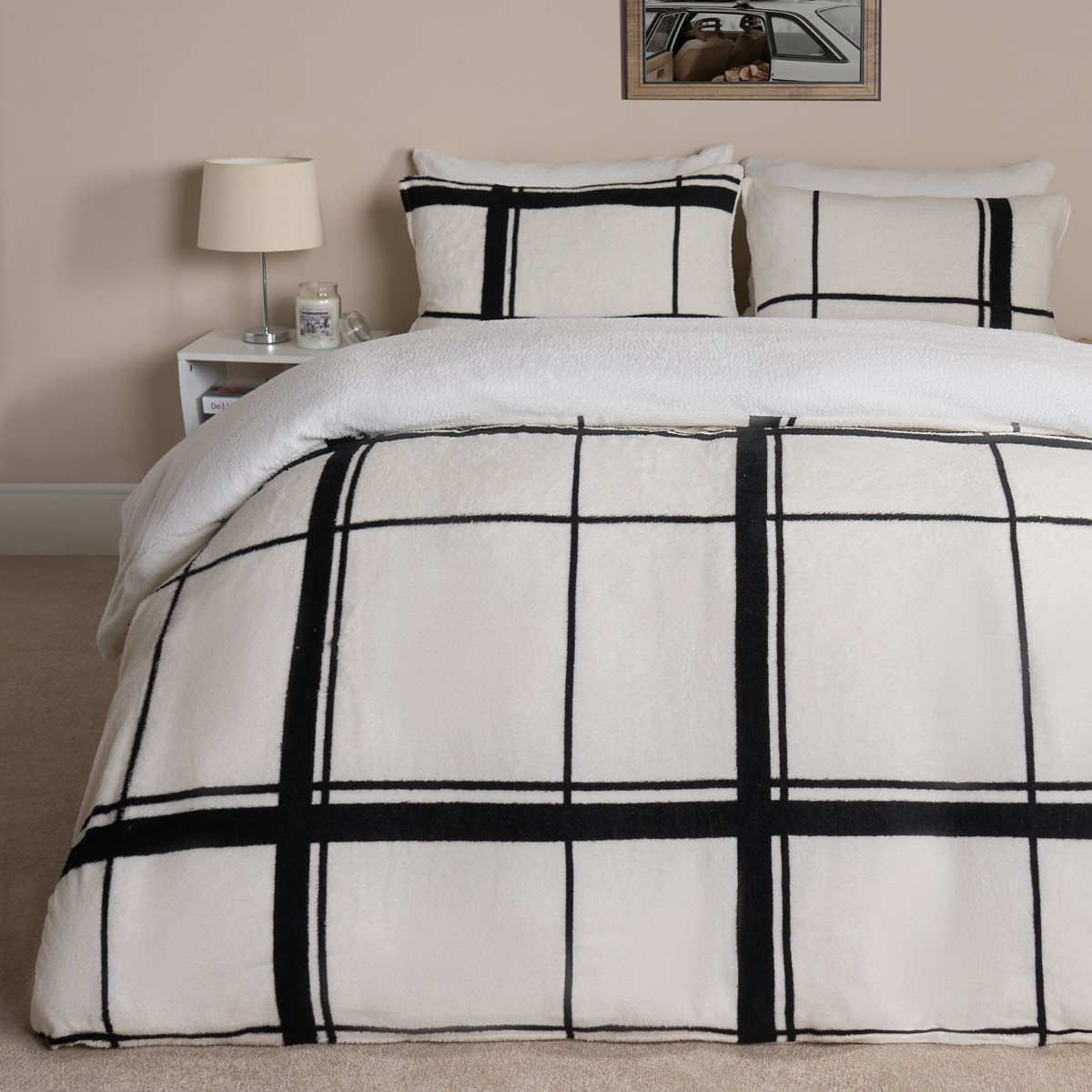 OHS Oakley Grid Teddy Duvet Cover Set - Natural/Black >