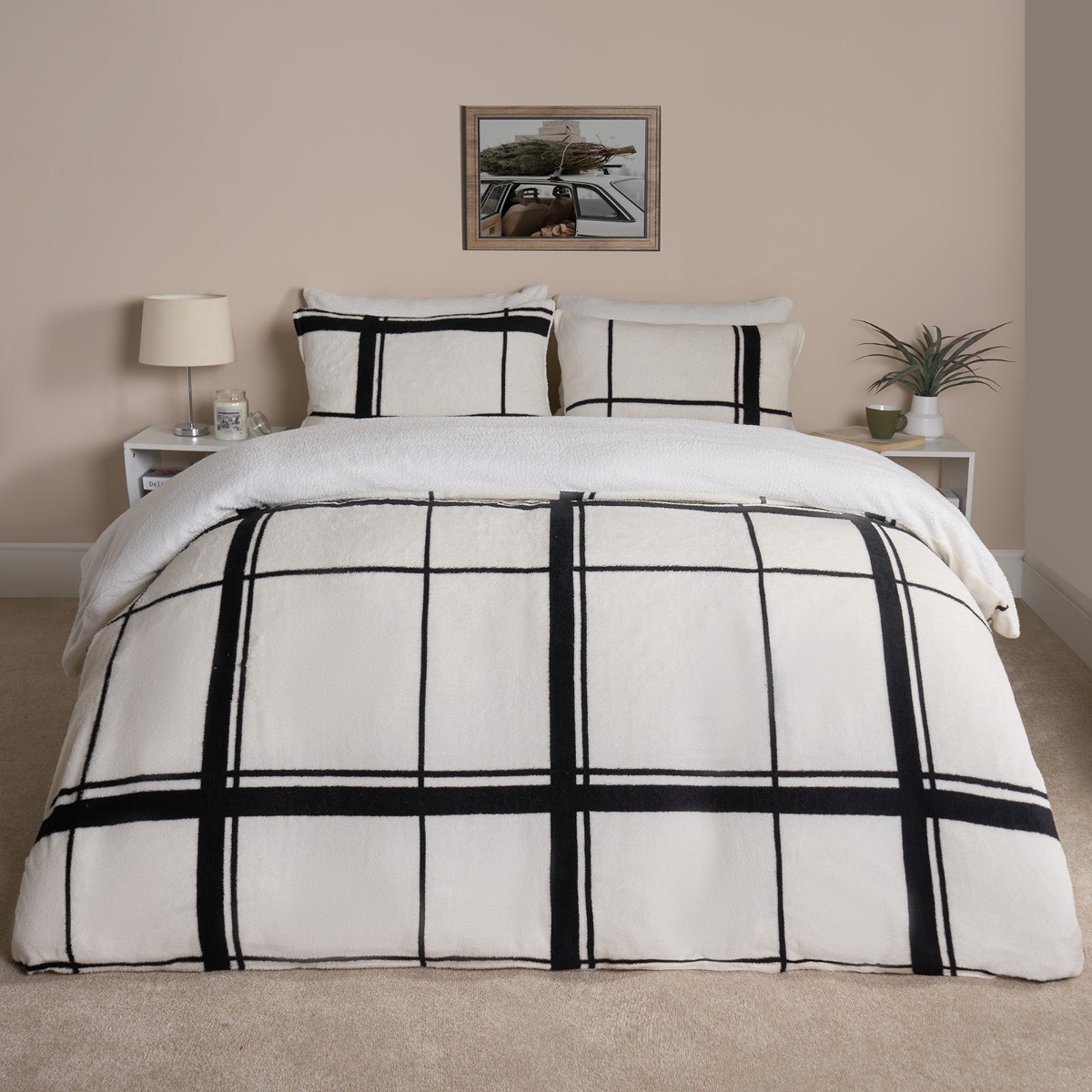 OHS Oakley Grid Teddy Duvet Cover Set - Natural/Black >