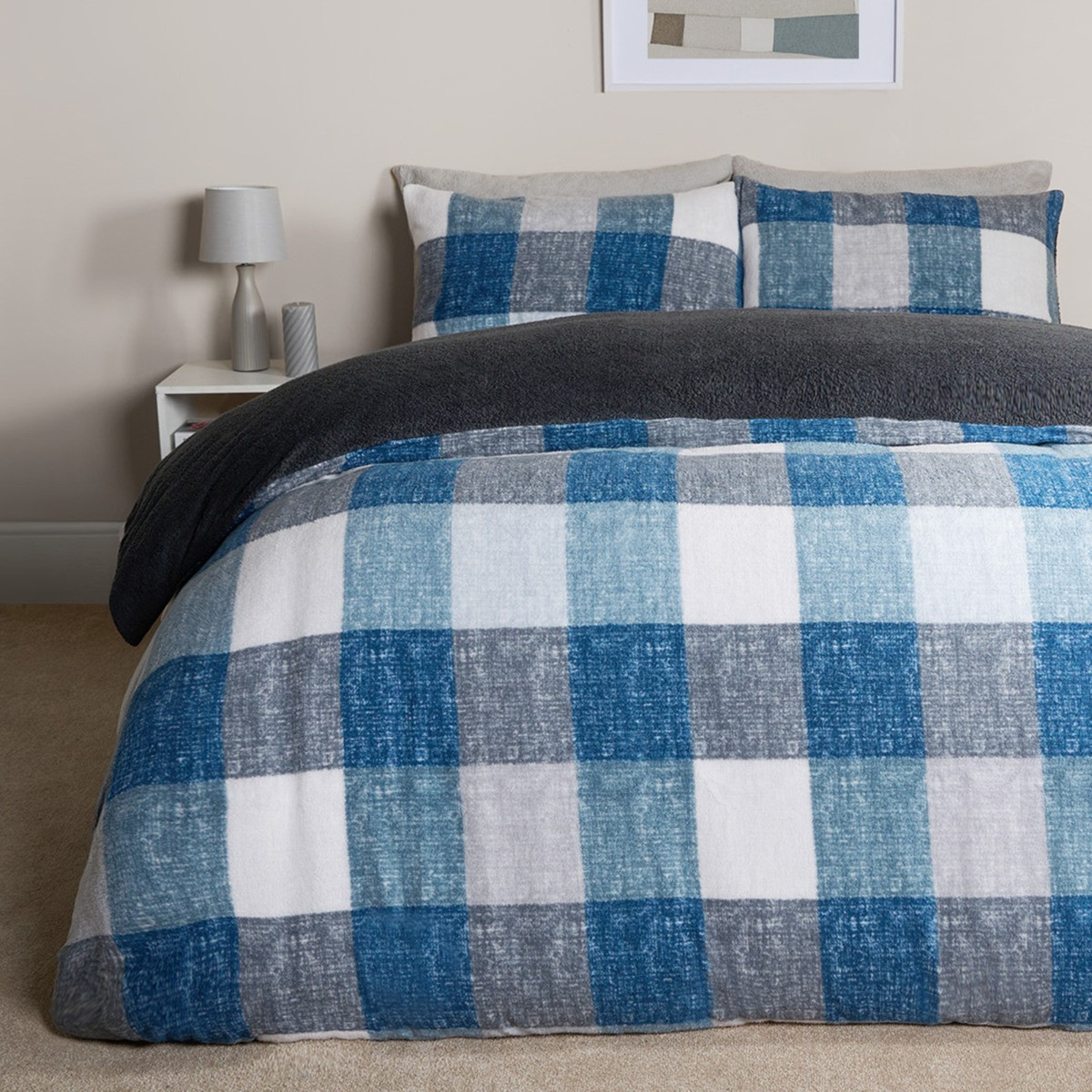 OHS Gingham Check Teddy Duvet Set, Navy - Single>