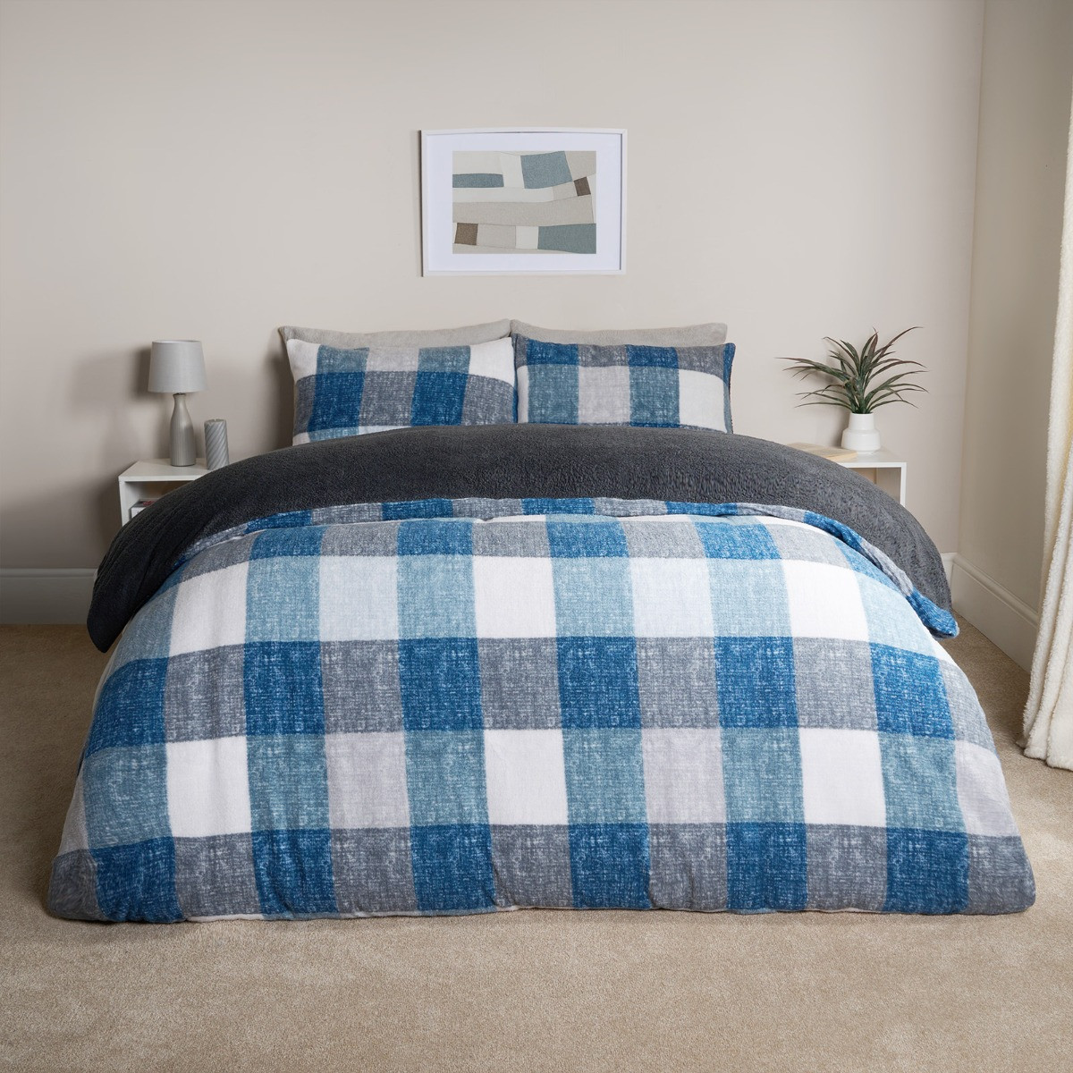 OHS Gingham Check Teddy Duvet Set - Blue>