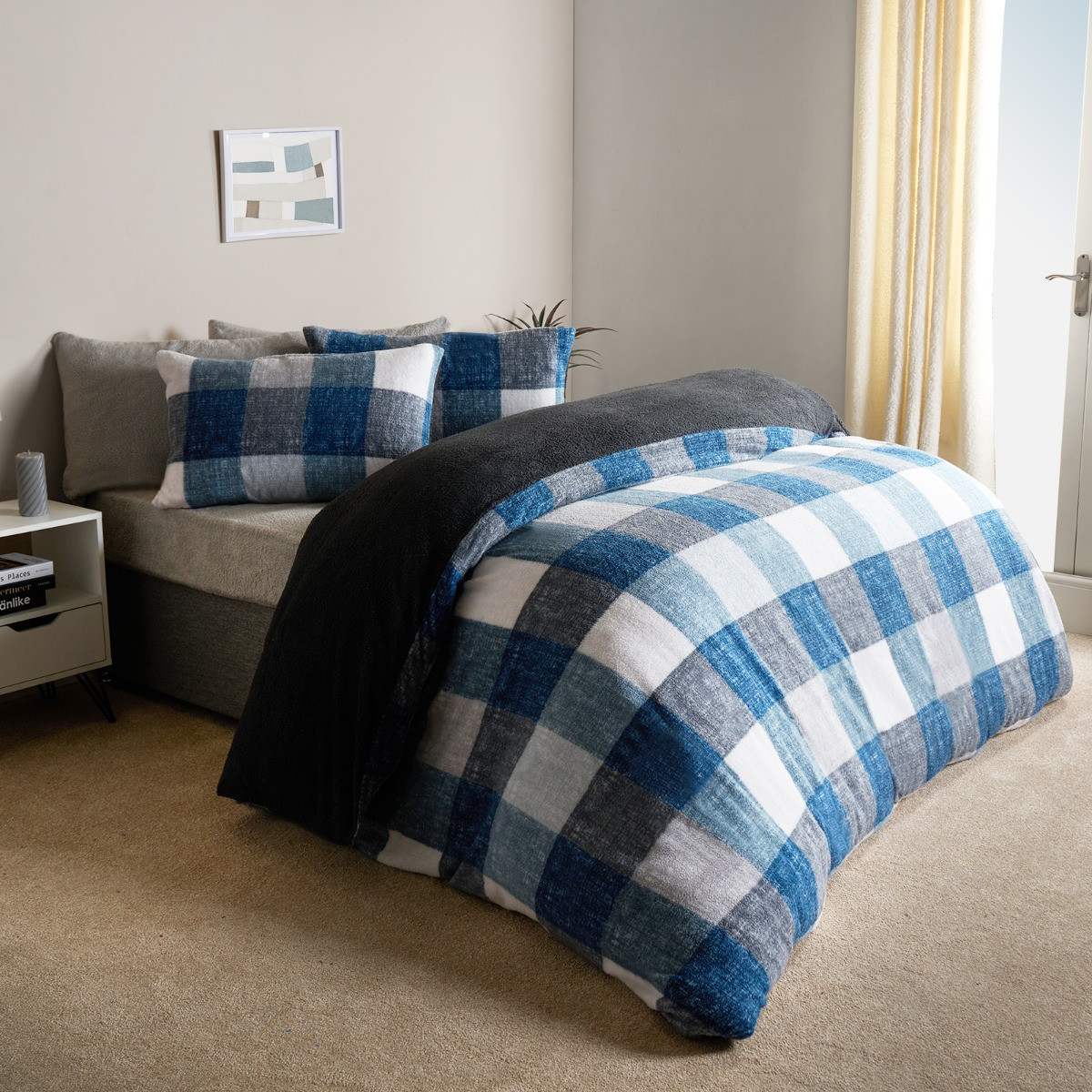 OHS Gingham Check Teddy Duvet Set - Blue>