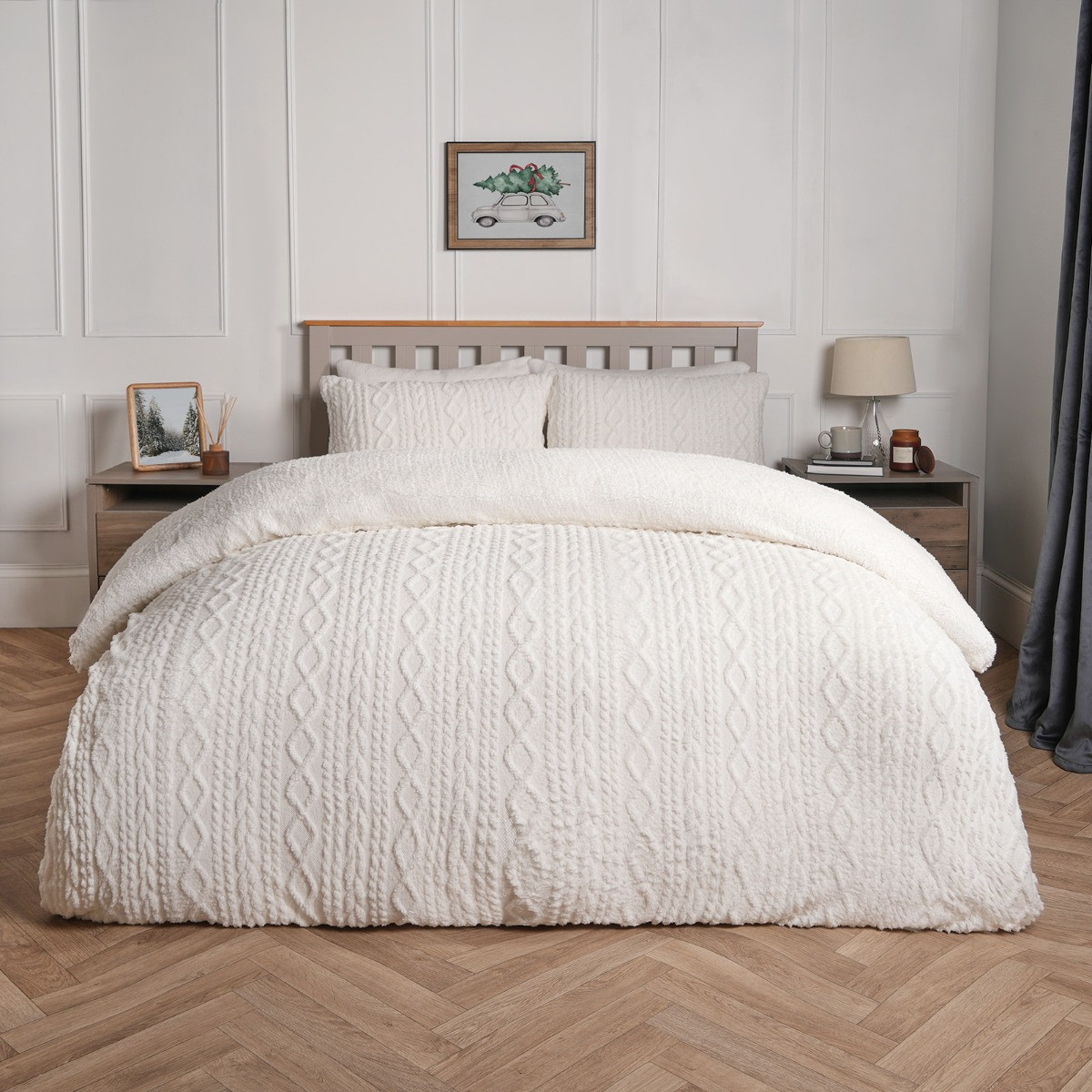 OHS Cable Knit Sherpa Fleece Duvet Set Cream Double