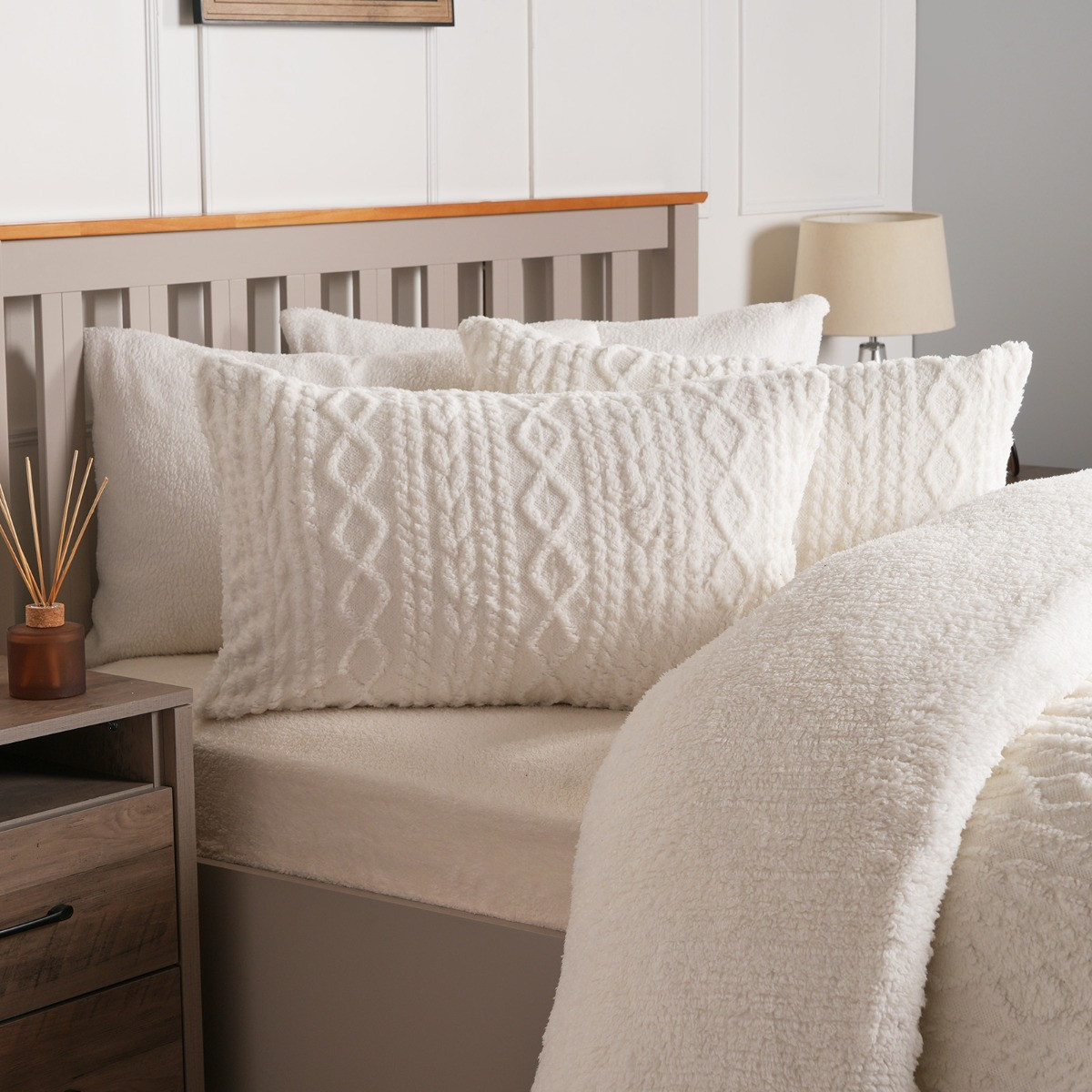 OHS Cable Knit Sherpa Fleece Duvet Set Cream Double