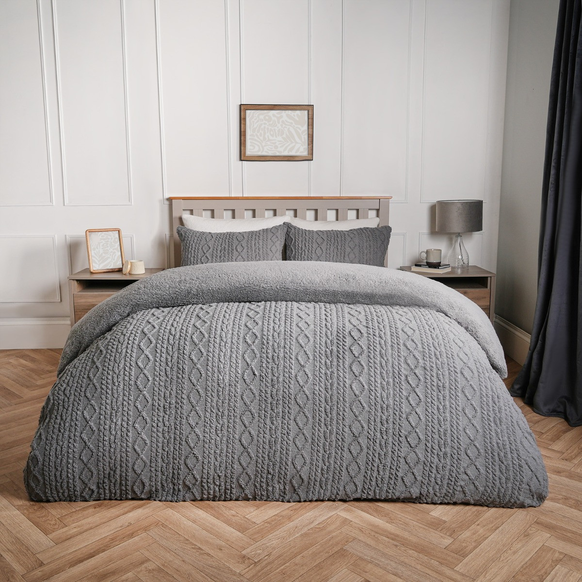 OHS Cable Knit Sherpa Fleece Duvet Cover Set, Grey - Double>