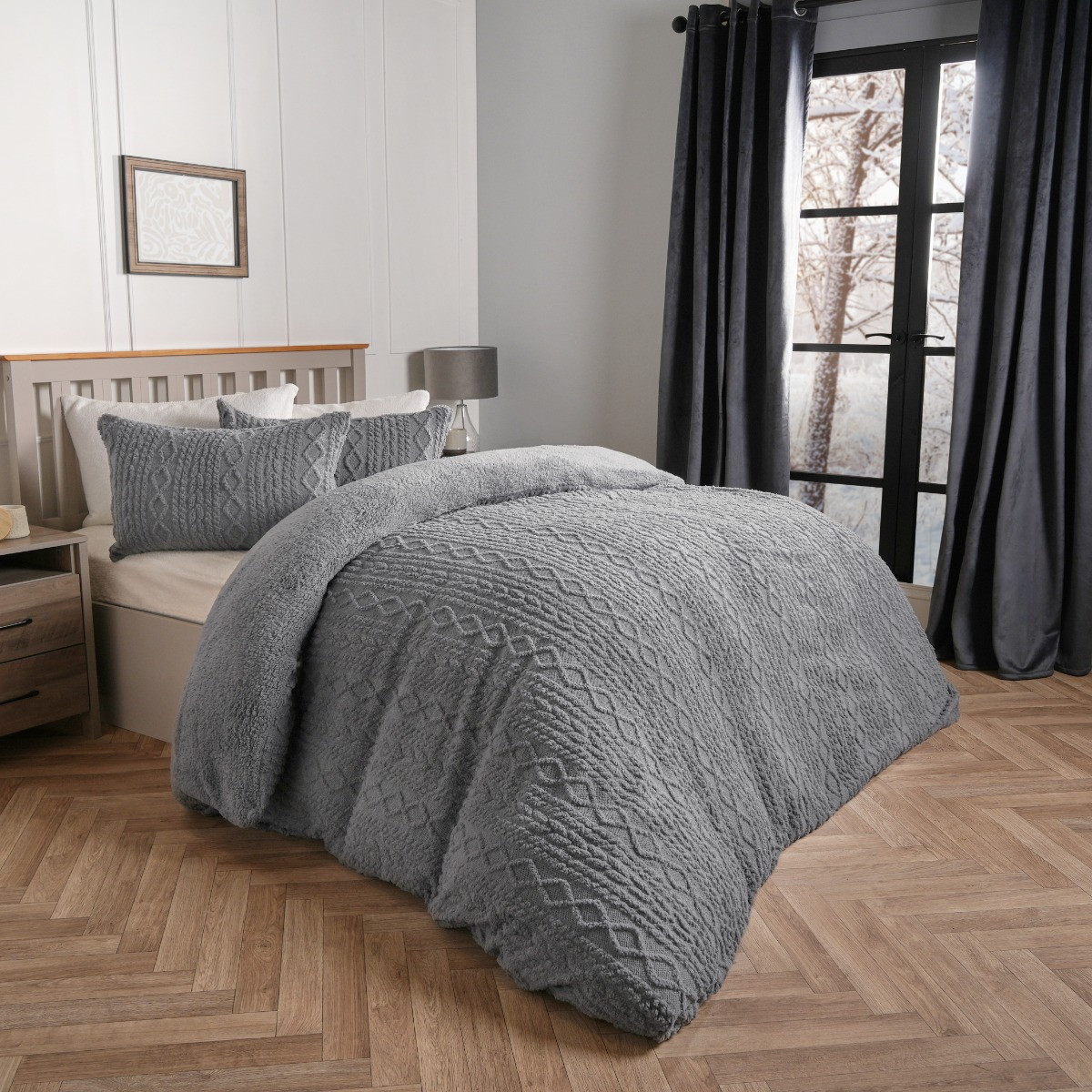 OHS Cable Knit Sherpa Fleece Duvet Cover Set, Grey - Single>