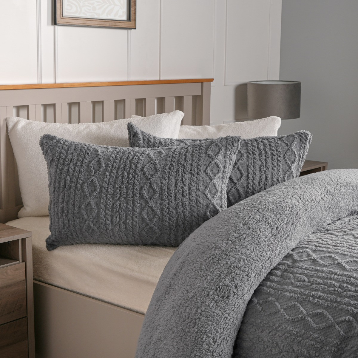 OHS Cable Knit Sherpa Fleece Duvet Cover Set, Grey - Double>