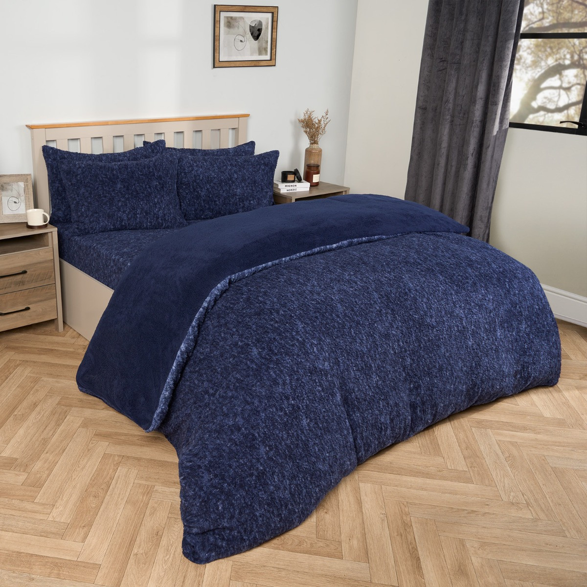 OHS Teddy Marl Textured Duvet Set - Navy>