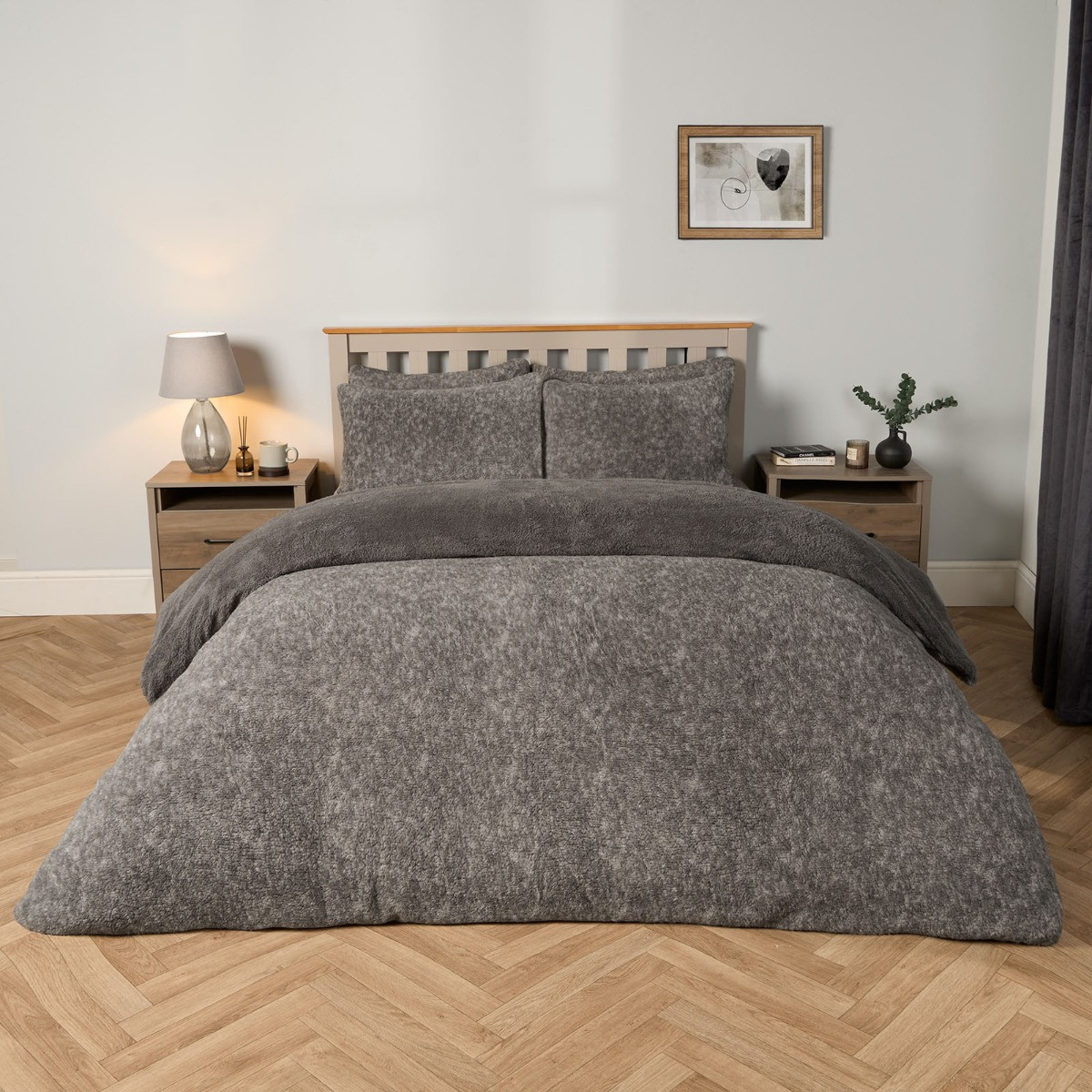 OHS Teddy Marl Textured Duvet Set - Charcoal>