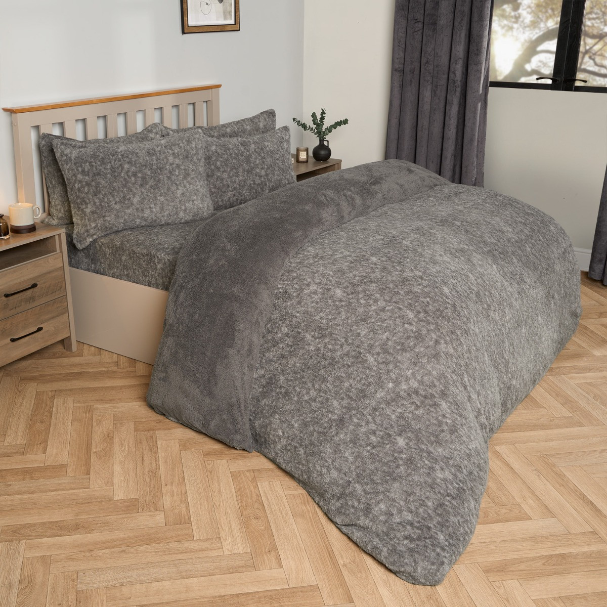 OHS Teddy Marl Textured Duvet Set - Charcoal>