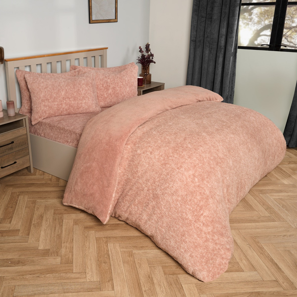 OHS Teddy Marl Textured Duvet Set - Blush>