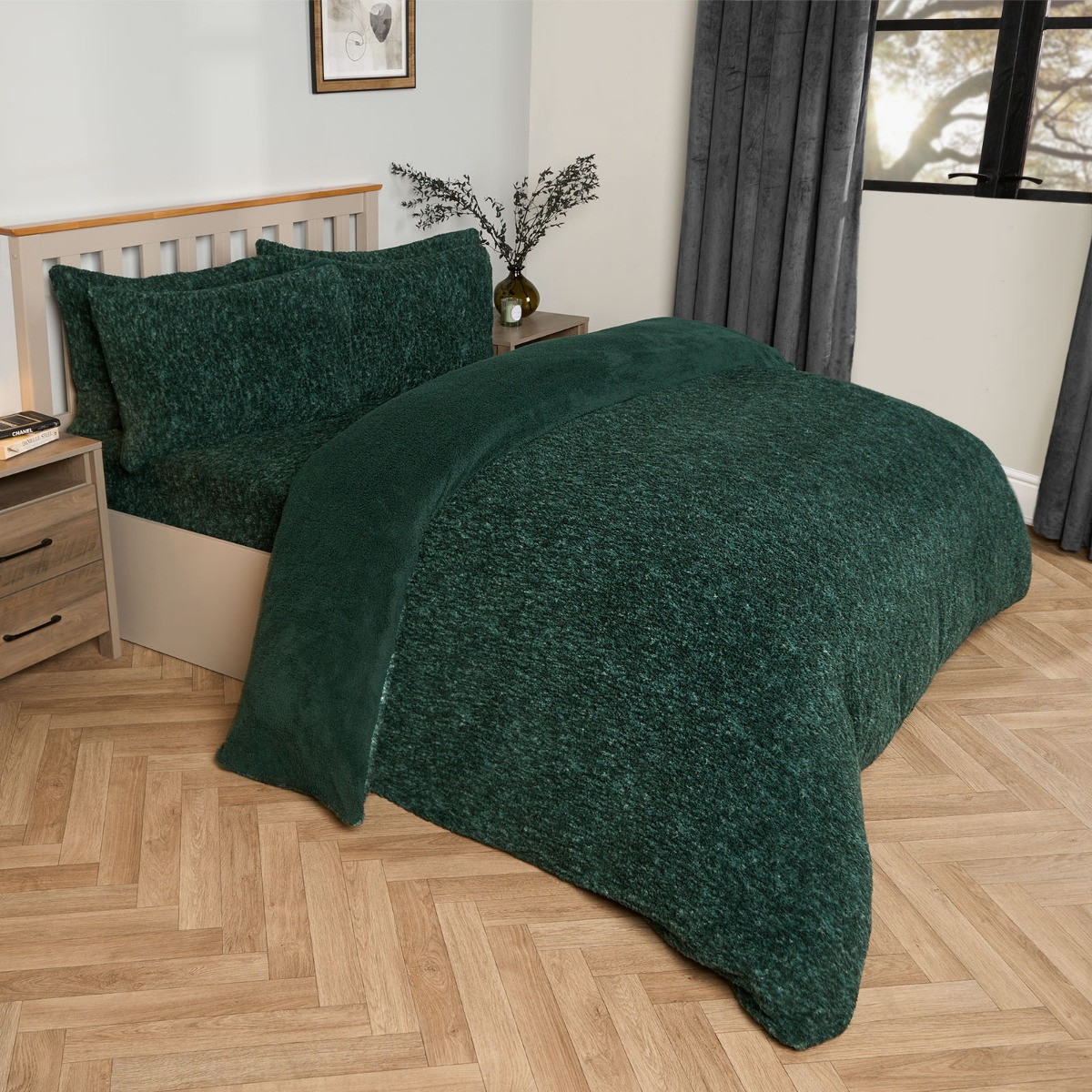 OHS Teddy Marl Textured Duvet Set - Forest Green>