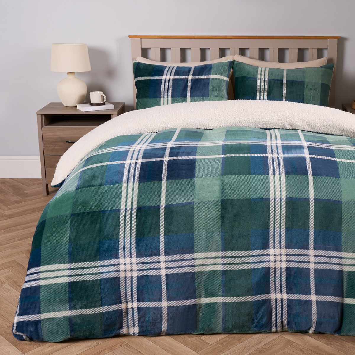 OHS Hudson Check Fleece Duvet Set, Navy/Green - Double >