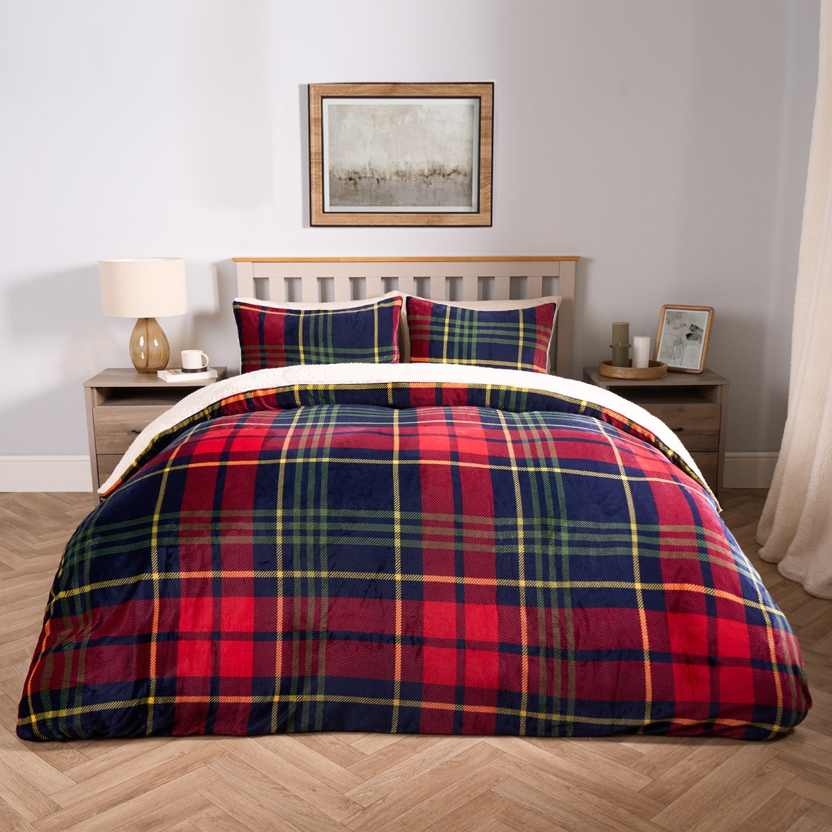 OHS Oxford Check Fleece Duvet Set, Red - Superking >