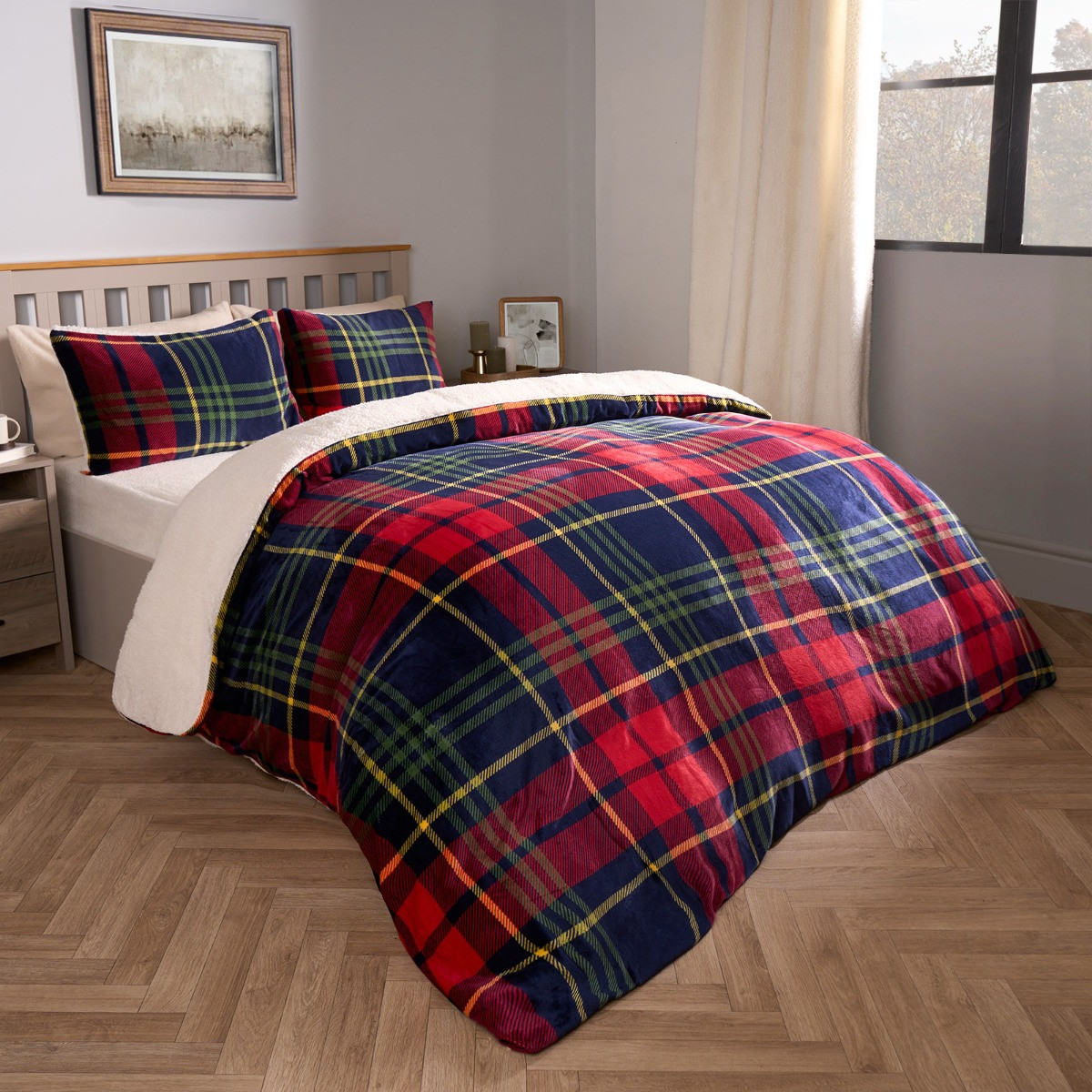 OHS Oxford Check Fleece Duvet Set, Red - Superking >