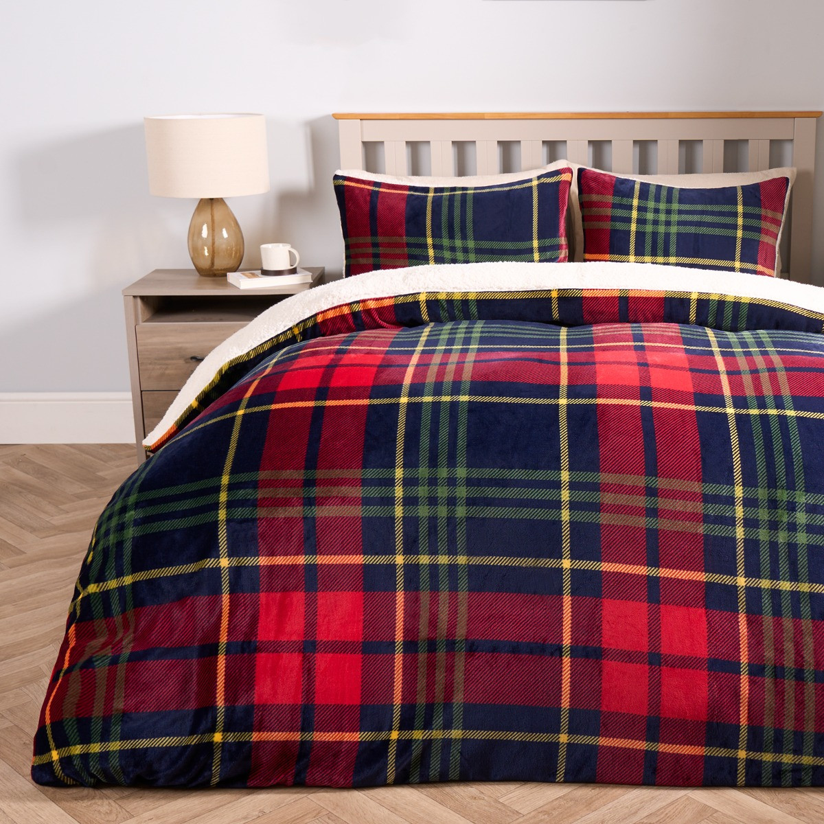 OHS Oxford Check Fleece Duvet Set, Red - Superking >