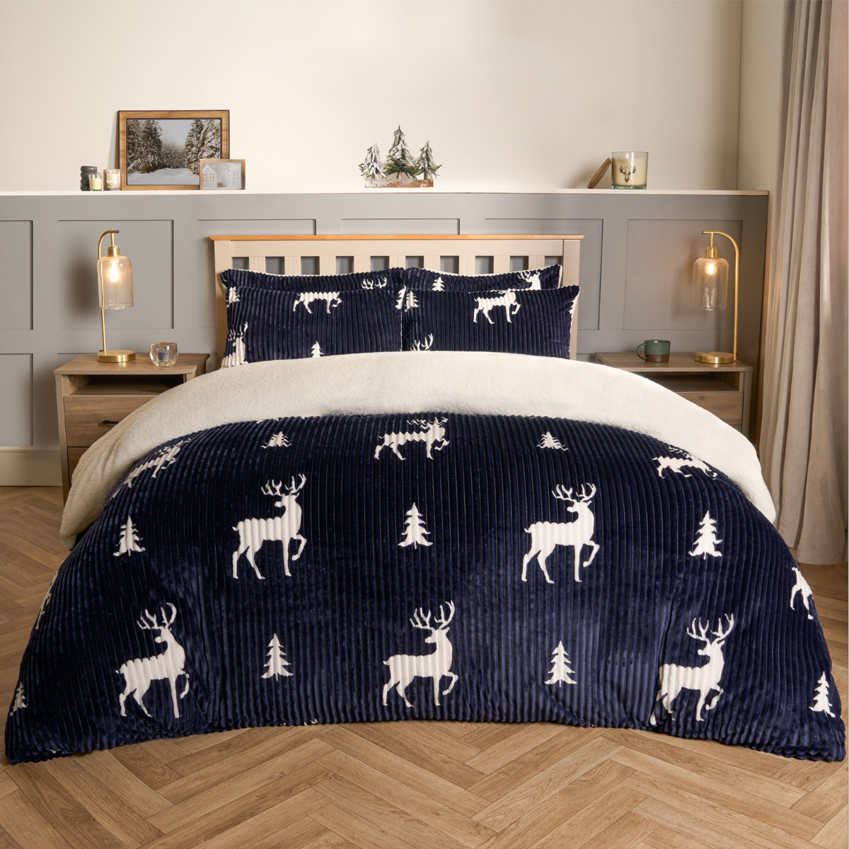 OHS Cosy Stag Ribbed Fleece Duvet Set - Navy>