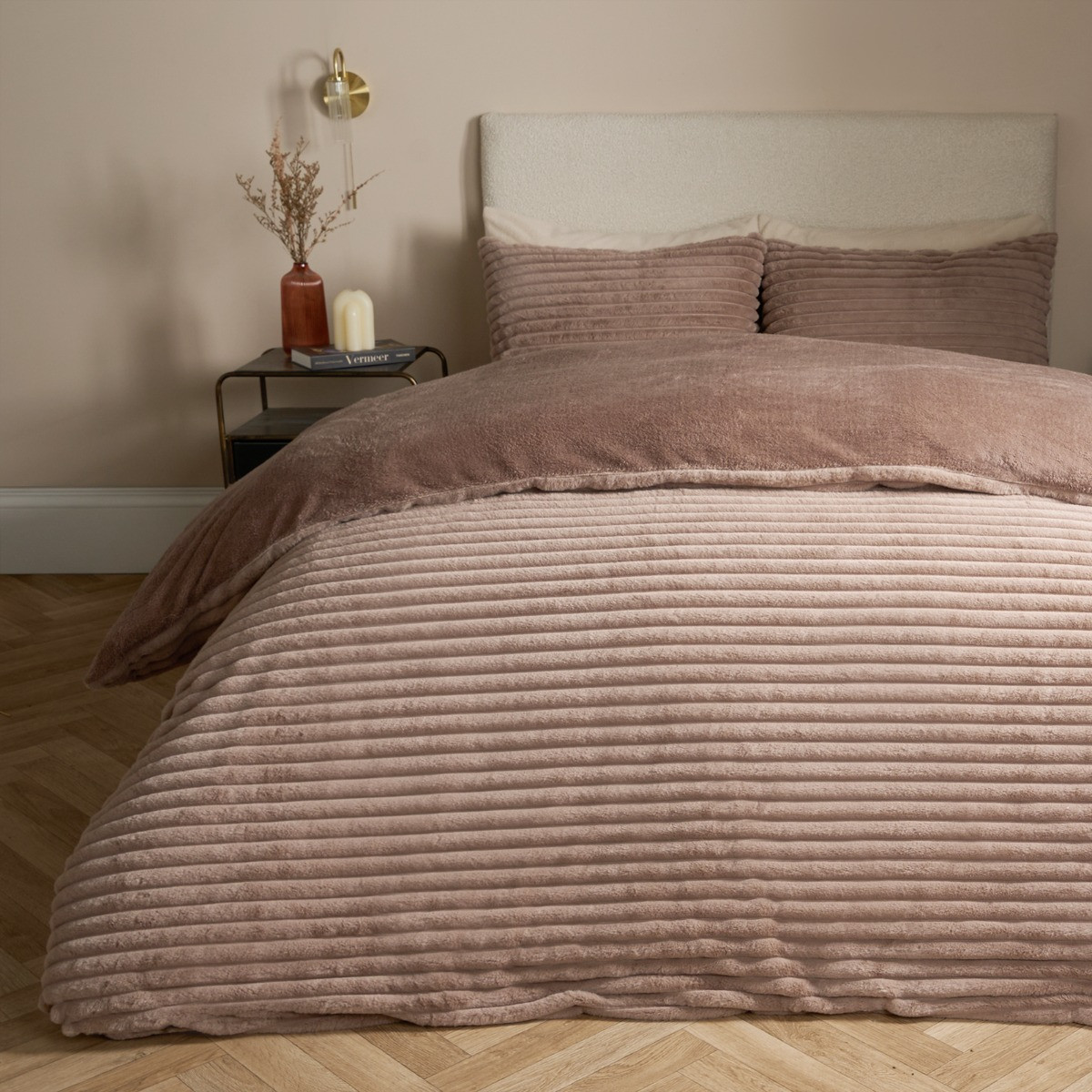 OHS Ribbed Faux Fur Duvet Set, Mink - Double >