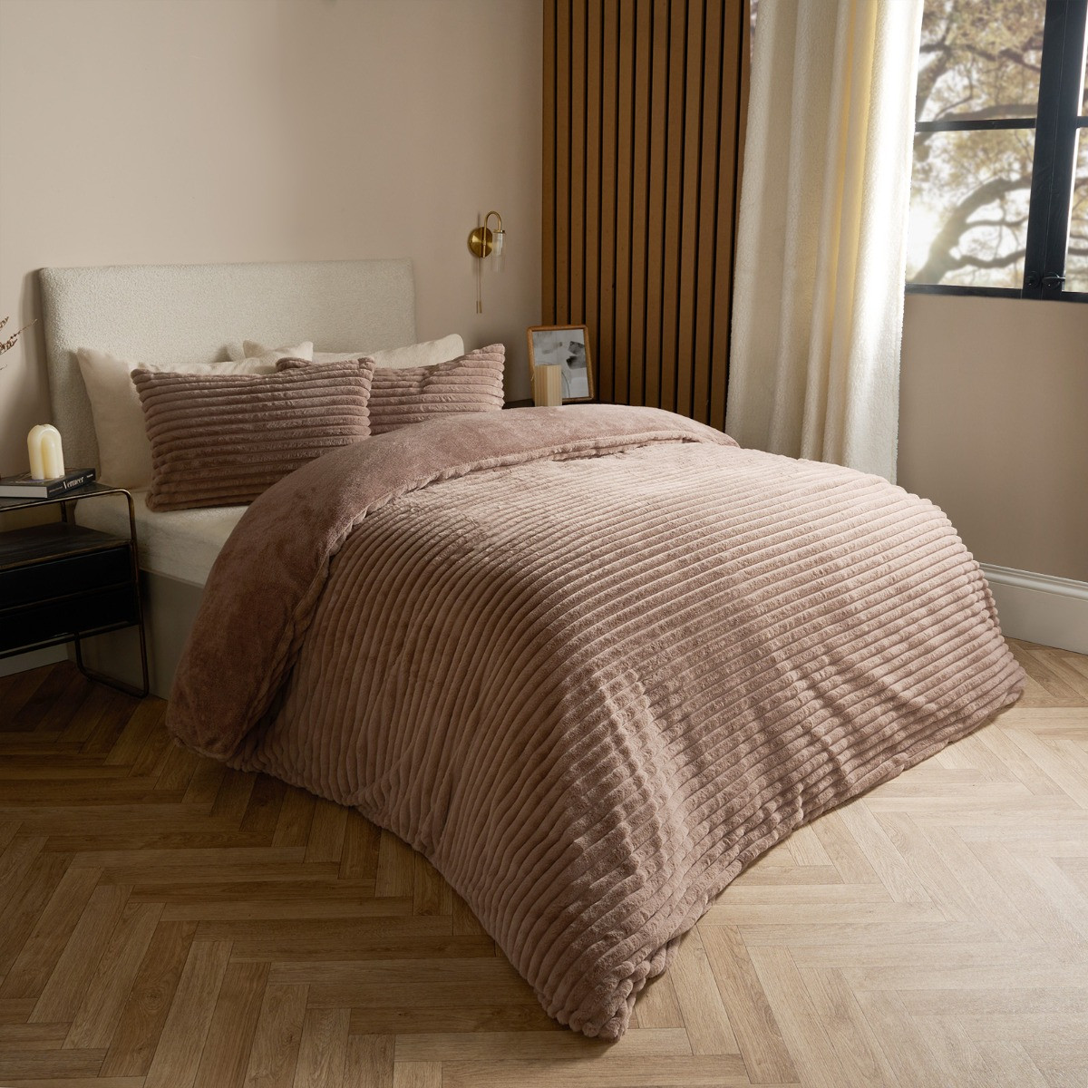 OHS Ribbed Faux Fur Duvet Set - Mink>