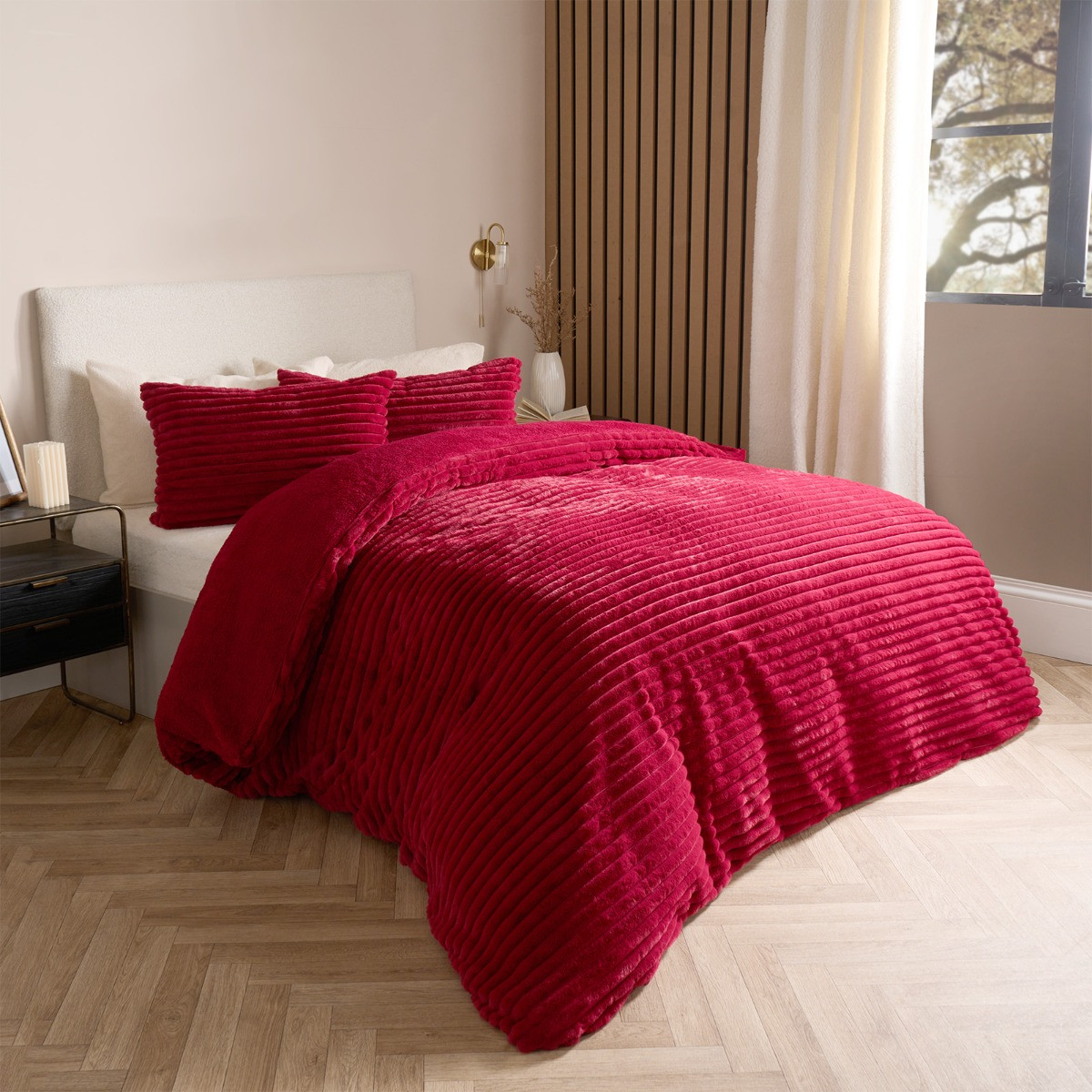 OHS Ribbed Faux Fur Duvet Set, Red - Double >